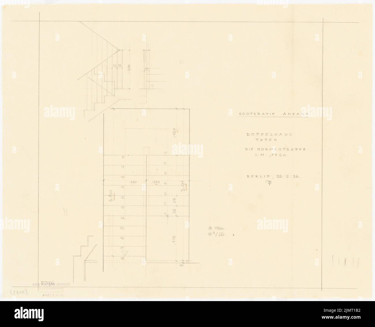 Jansen Hermann (1869-1945), plan de développement total Ankara. Ankara Cooperifi. Types de maisons (26 février 1936): Planification générale des travaux, types de maisons semi-individuelles, escaliers deux, plan d'étage et section longitudinale 1:20. Crayon sur transparent, 38,6 x 48 cm (y compris les bords de balayage) Jansen Hermann (1869-1945): Gesamtbebauungsplan Ankara. Ankara Kooperatifi. Haustypen Banque D'Images