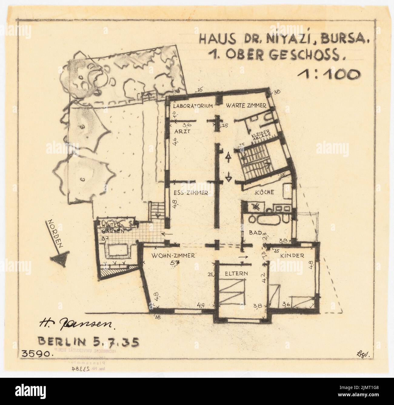 Jansen Hermann (1869-1945), Haus Dr. Niyaki (immeuble résidentiel et commercial) à Bursa. Avant-projet (05.07.1935): Plan d'étage 1st étage 1: 100. Charbon et encre sur transparent, 29,3 x 30,5 cm (y compris les bords de balayage) Jansen Hermann (1869-1945): Haus Dr. Niyaki (Wohn- und Geschäftshaus), Bursa. Vorentwurf Banque D'Images