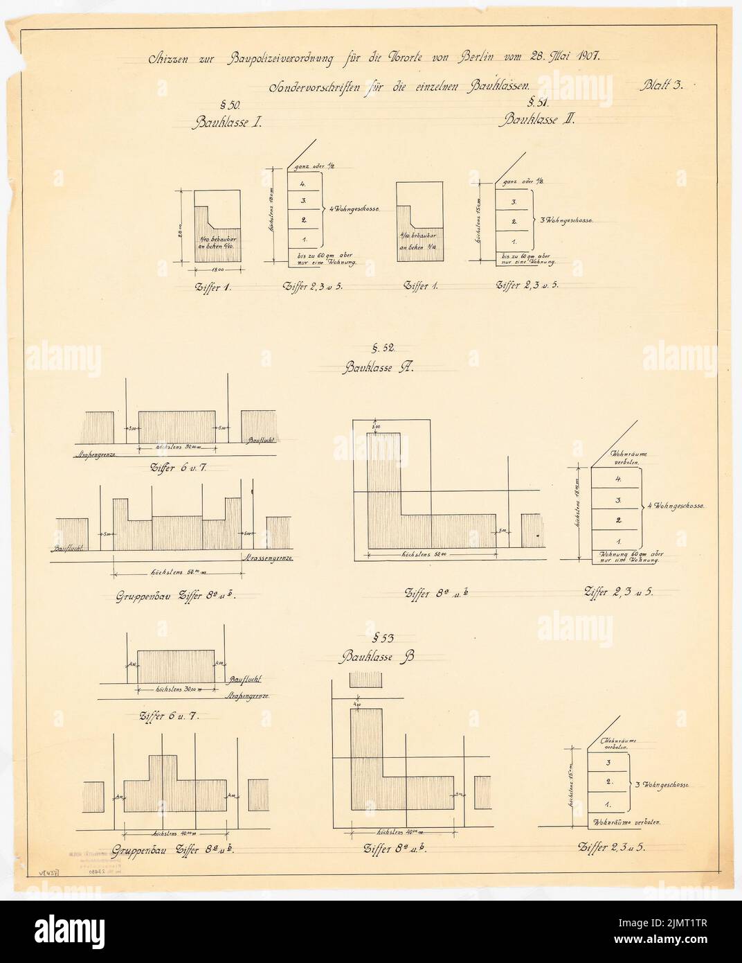 Jansen Hermann (1869-1945), esquisse pour la réglementation de la police de construction pour les banlieues de Berlin de 28 mai 1907. Explication de la réglementation générale (après 1907): Feuille 3: Plans et vues de mise en page. Crayon, encre sur transparent, 70 x 57,8 cm (y compris les bords de balayage) Jansen Hermann (1869-1945): Skizze zur Baupolizeiverordnung für die Vororte von Berlin vom 28. Mai 1907. Erläuterung der allg. Vorschriften Banque D'Images