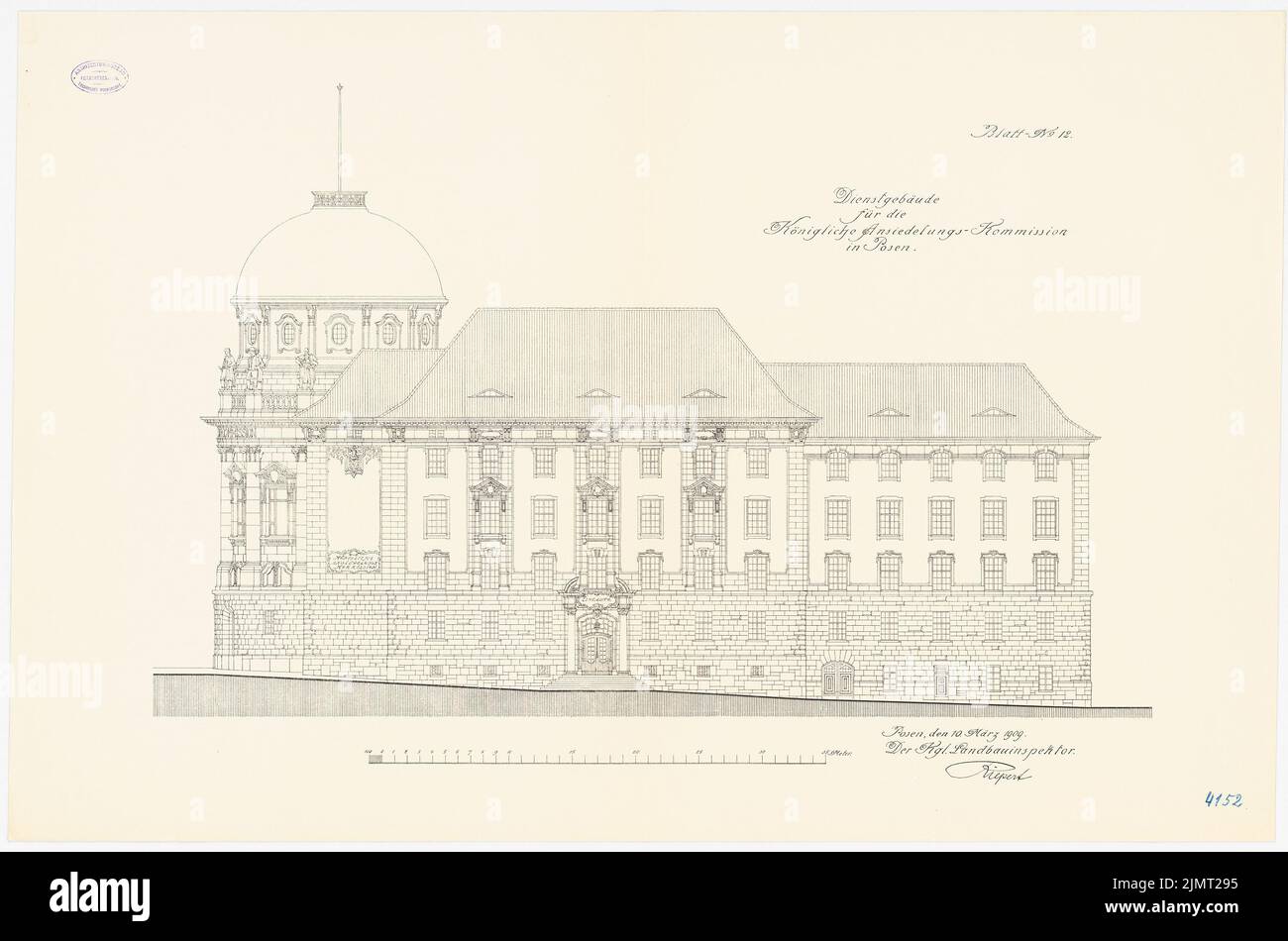 Architecte inconnu, commission de règlement à Poznan (10.03.1909): RISS vue latérale 1: 100. Lithographie sur carton, 66,9 x 101,2 cm (y compris les bords de balayage) N.N. : Ansiedlungskommission, Posen Banque D'Images