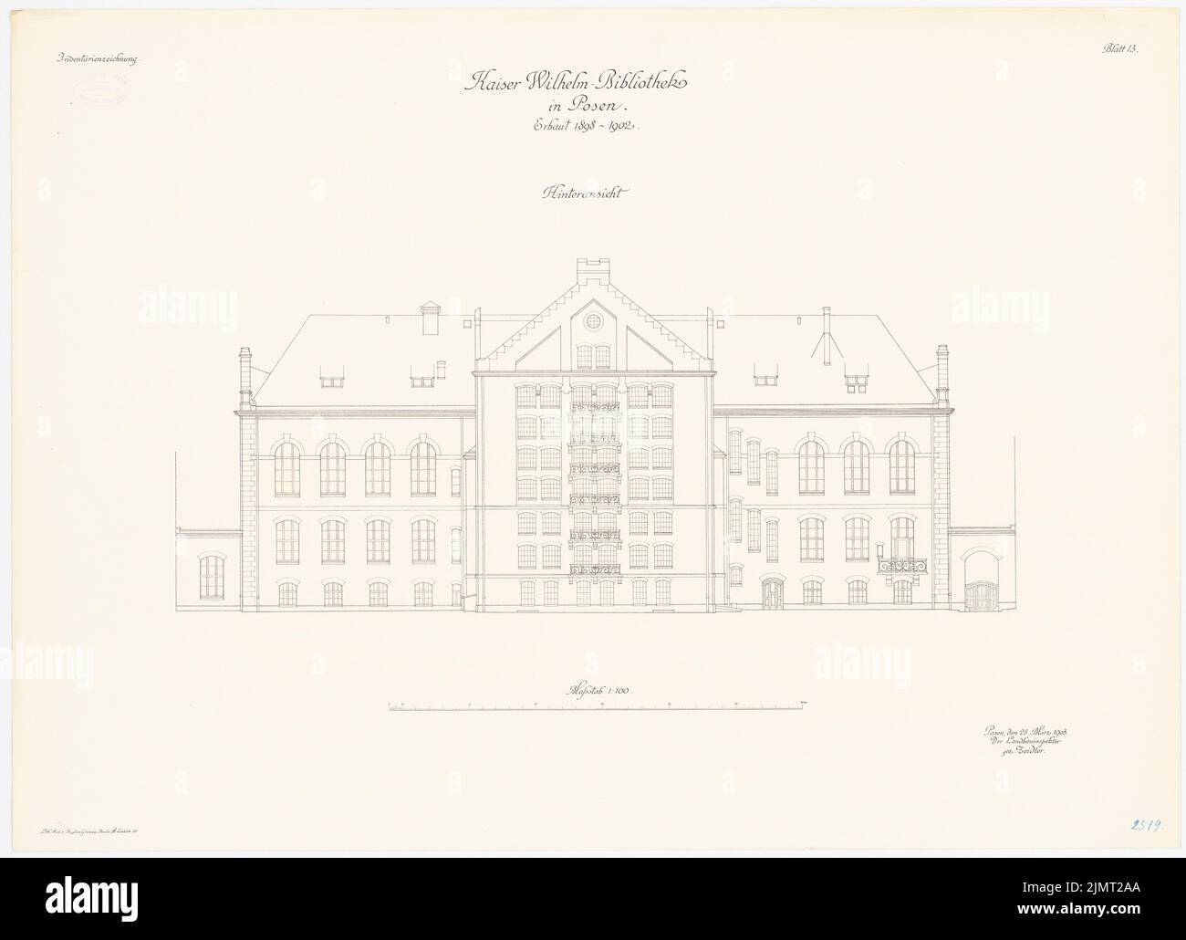 Architecte inconnu, bibliothèque Kaiser-Wilhelm à Poznan (25.03.1903): RISS vue arrière 1: 100. Lithographie sur carton, 64,4 x 89,1 cm (y compris les bords de balayage) Hinckeldeyn Carl (1847-1927): Kaiser-Wilhelm-Bibliothek, Posen Banque D'Images