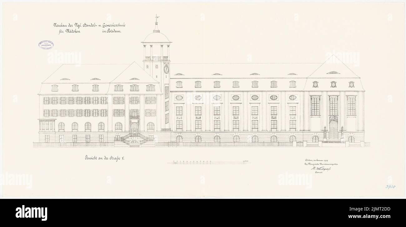 Architecte inconnu, école commerciale et professionnelle pour filles à Potsdam (01,1909): RISS Street View 1: 100. Lithographie sur carton, 60,3 x 123,3 cm (y compris les bords de balayage) N.N. : Handels- und Berufschule für Mädchen, Potsdam Banque D'Images