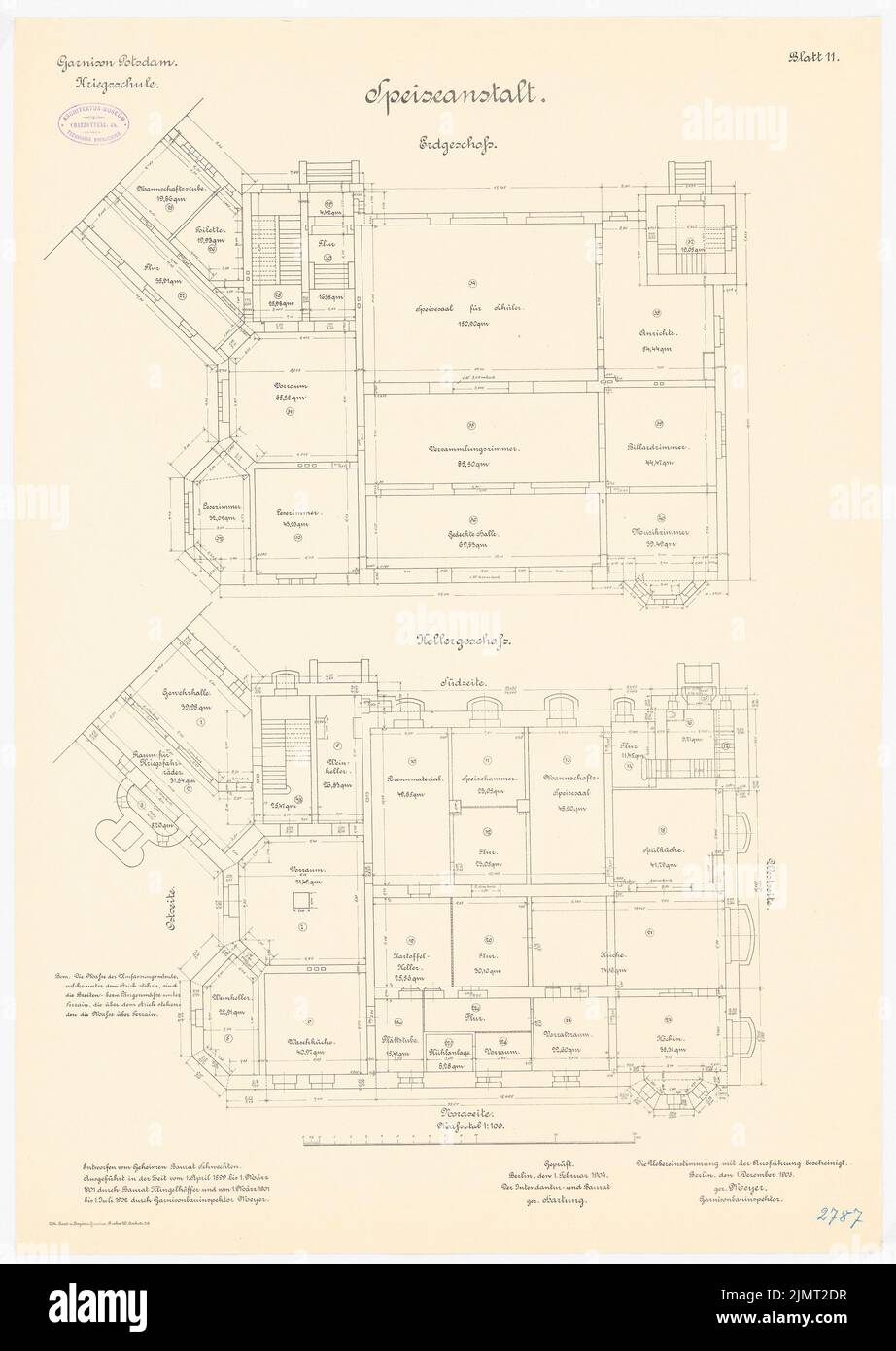 Schwechten Franz (1841-1924), école de guerre de la garnison Potsdam (01.12.1903): Maternité: Plan d'étage Keller, rez-de-chaussée 1: 100. Lithographie sur papier, 79,9 x 56,7 cm (y compris les bords de balayage) Schwechten Franz (1841-1924): Kriegsschule der Garnison Potsdam Banque D'Images