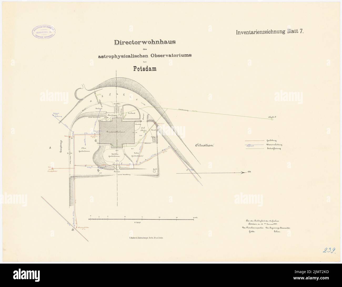 Spieker Paul (1826-1896), observatoire astrophysique du Telegrafenberg à Potsdam (18 janvier 1887): Maison du directeur: Plan du département 1: 300. Lithographie colorée sur la boîte, 50,6 x 65,6 cm (y compris les bords de balayage) Spieker Paul (1826-1896): Astrophysikalisches Observatorium auf dem Telegrafenberg, Potsdam Banque D'Images