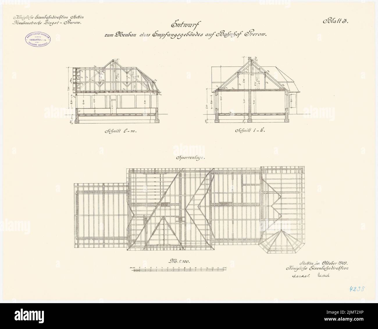 Architecte inconnu, gare à Prerow (10,1909): Plan d'étage chevrons, sections transversales 1: 100. Lithographie sur papier, 54,1 x 67,4 cm (y compris les bords de numérisation) N.N. : Bahnhof, Prerow Banque D'Images