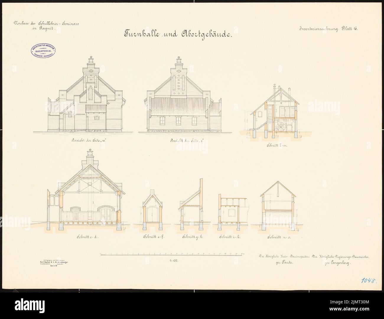 Architecte inconnu, séminaire d'enseignant d'école, Ragnit. Salle de gym et bâtiment d'abandon (env 1896) : coupes transversales, vues de côté, 1 : 100. Lithographie colorée sur le carton, 53,7 x 70,5 cm (y compris les bords de numérisation) N.N. : Séminaire Schullehrer, Ragnit. Handel mit Schützenstüsschen und Verwaltung von Rechtungen Banque D'Images