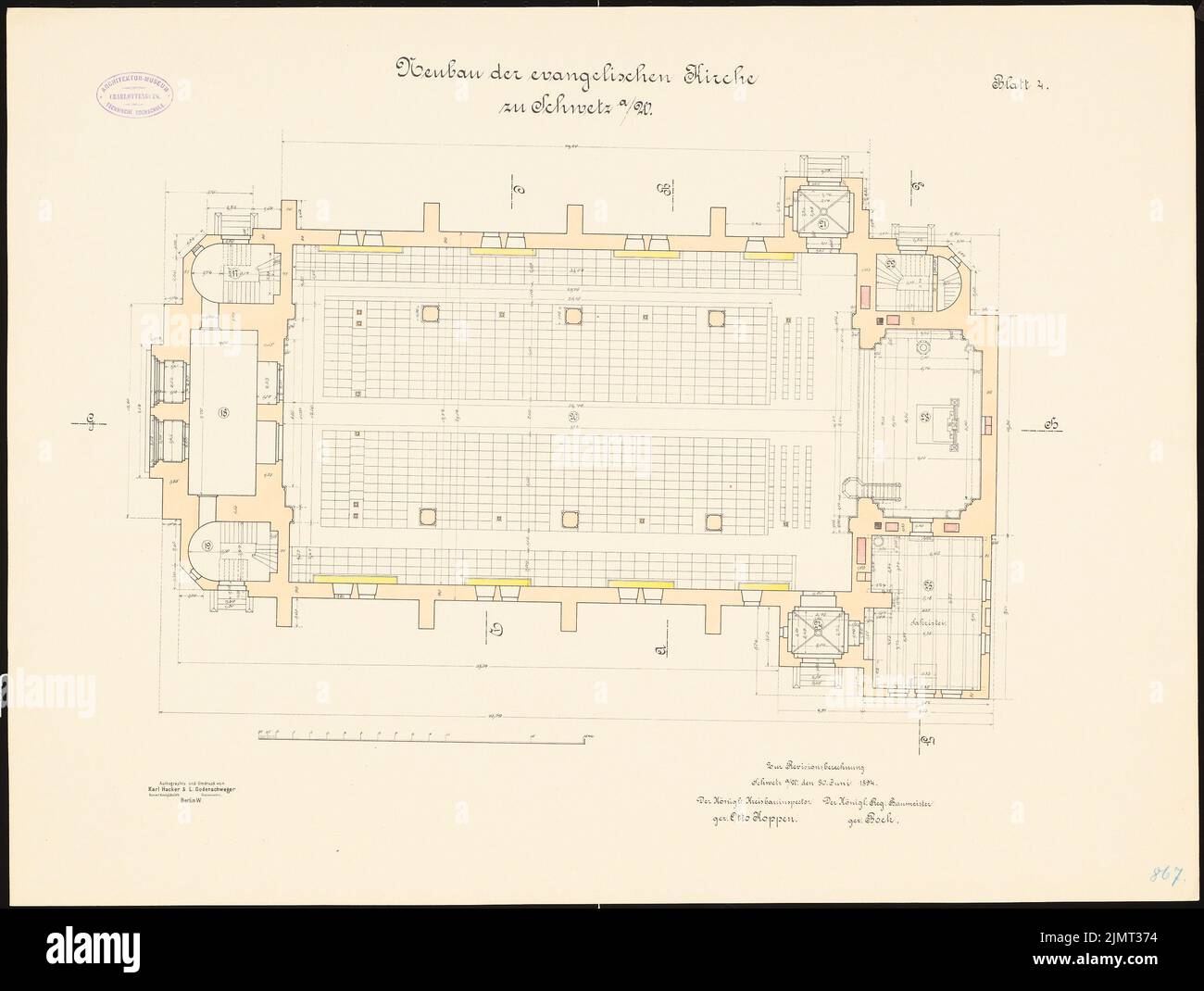 Architecte inconnu, Eglise évangélique de Schwetz (30 juin 1894): Grundriss EG 1: 100. Lithographie de couleur, aquarelle sur carton, 53,1 x 70,5 cm (y compris les bords de numérisation) N.N. : Evangelische Kirche, Schwetz Banque D'Images