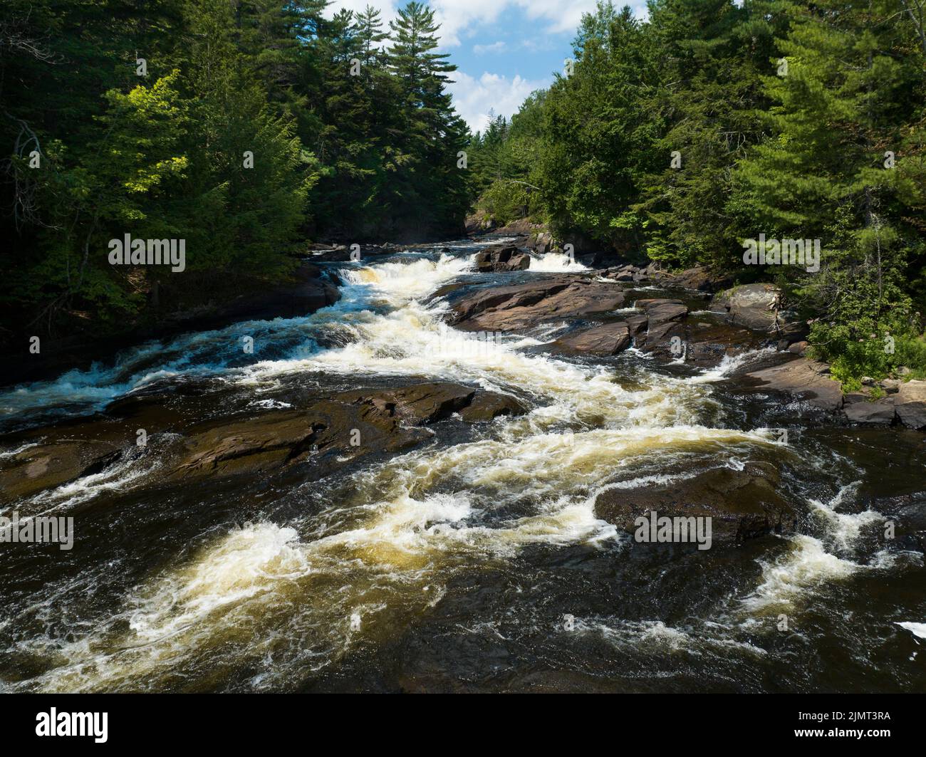 Belle cascade qui coule en été dans une forêt du Nord au Canada Banque D'Images
