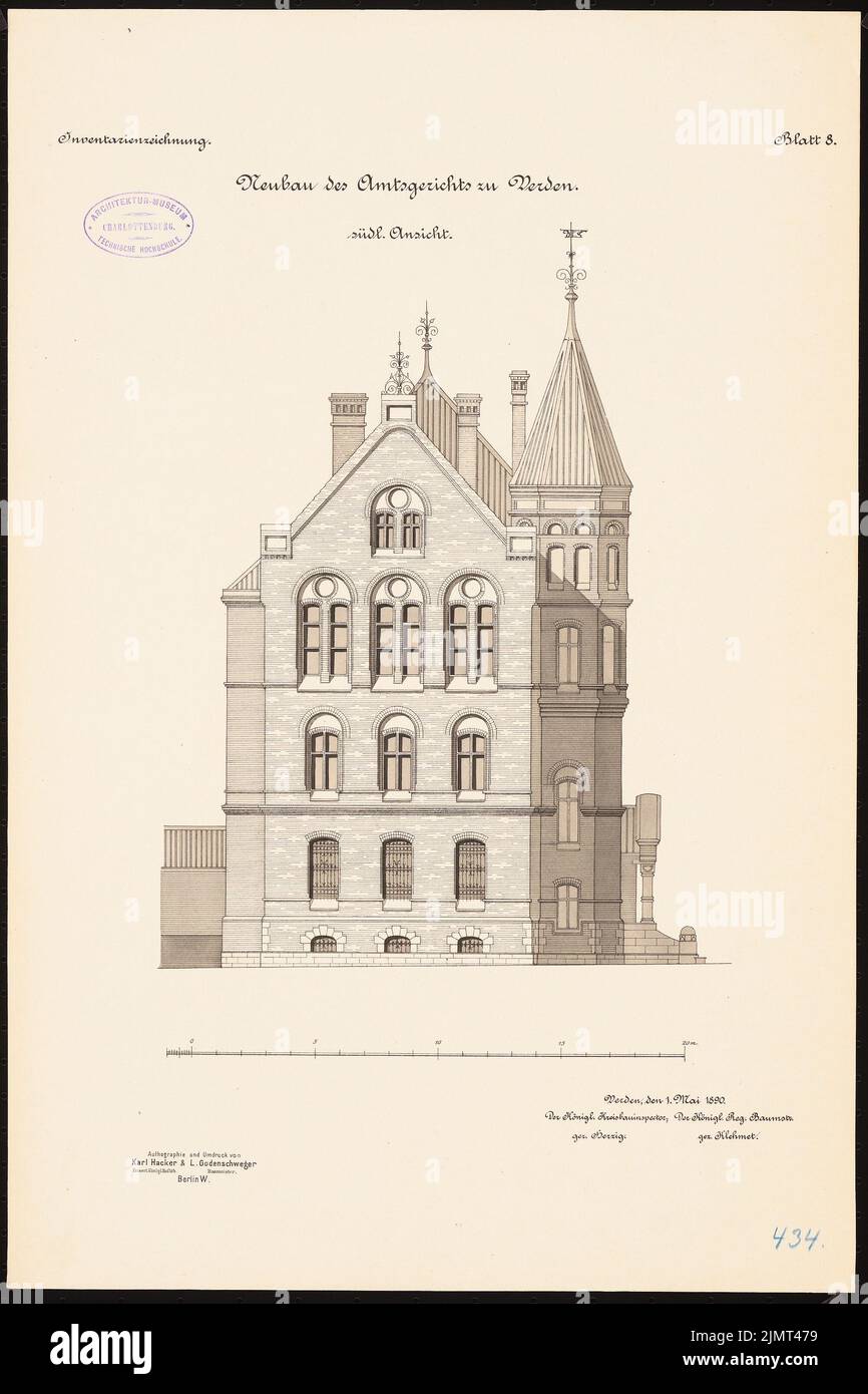 Architecte inconnu, tribunal de district de Verden (01.05.1890): RISS Südspicht 1: 100. Lithographie sur carton, 53,4 x 35,6 cm (y compris les bords de balayage) N.N. : Amtsgericht, Verden Banque D'Images