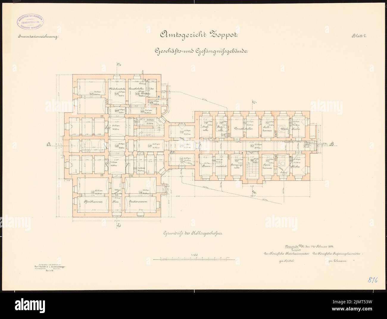 Architecte inconnu, cour de district et prison à Zoppot (1894): Grundriss Keller 1: 100. Lithographie sur carton, 48,9 x 64,6 cm (y compris les bords de balayage) N.N. : Amtsgericht und Gefängnis, Zoppot Banque D'Images