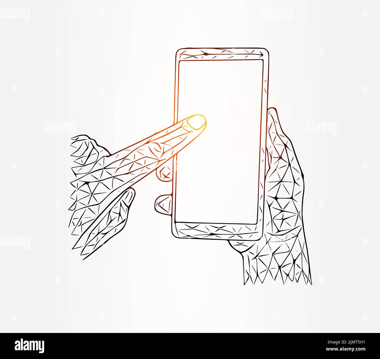 Appuyez avec le doigt sur l'illustration poly basse de l'écran du téléphone sur fond blanc Banque D'Images