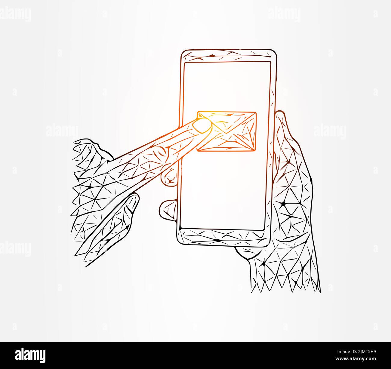 Appuyez avec le doigt sur un message sur l'illustration du téléphone sur fond blanc Banque D'Images