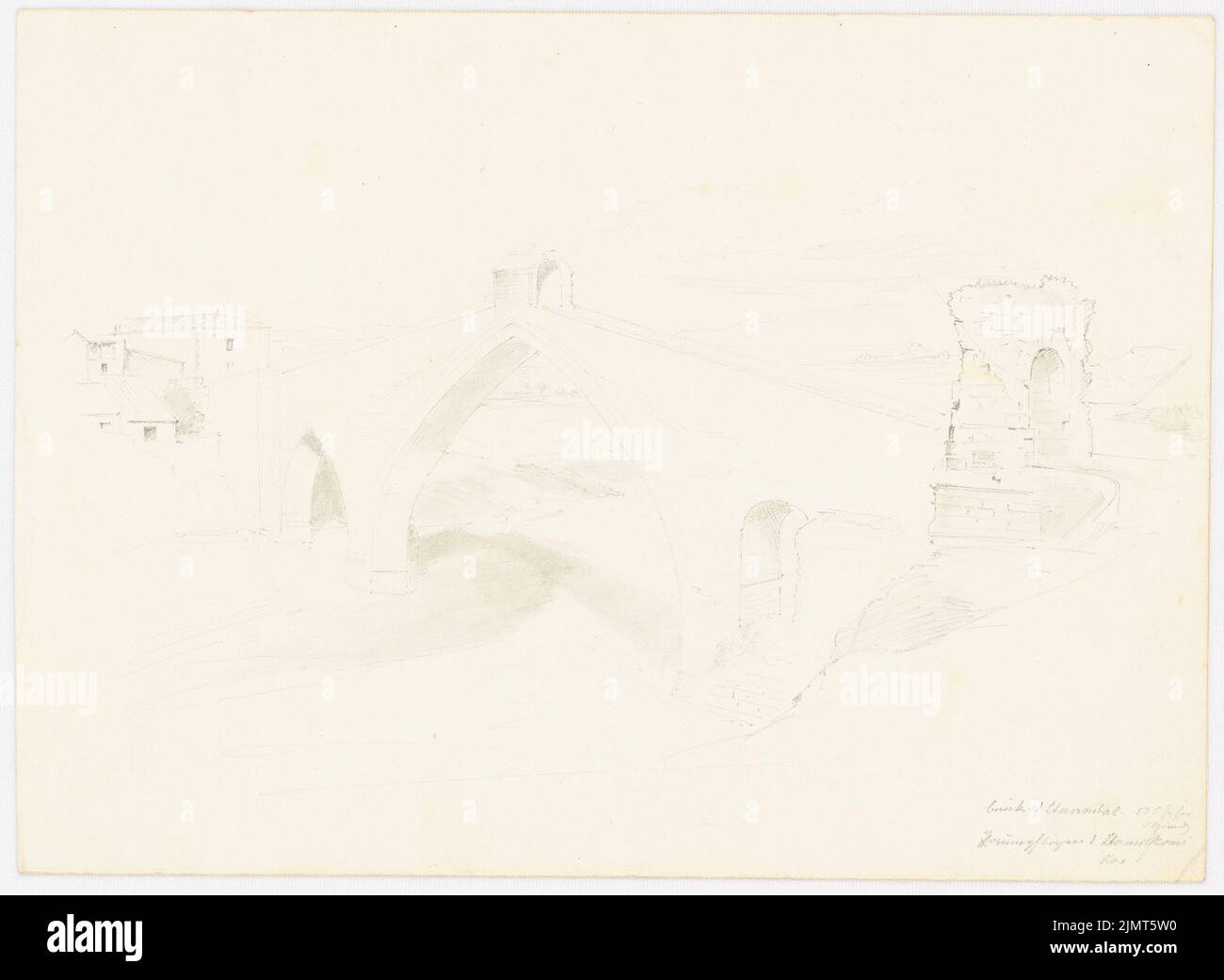 Diebitsch Carl von (1819-1869), pont (sans date) : pont à arche pointue avec transition vers le milieu. Arrière; croquis partiel d'un aqueduc avec les dimensions des arches, croquis de l'homme avec le cap de h. Crayon sur la boîte, 18,6 x 25,4 cm (y compris les bords de balayage) Diebitsch Carl von (1819-1869): Brücke Banque D'Images