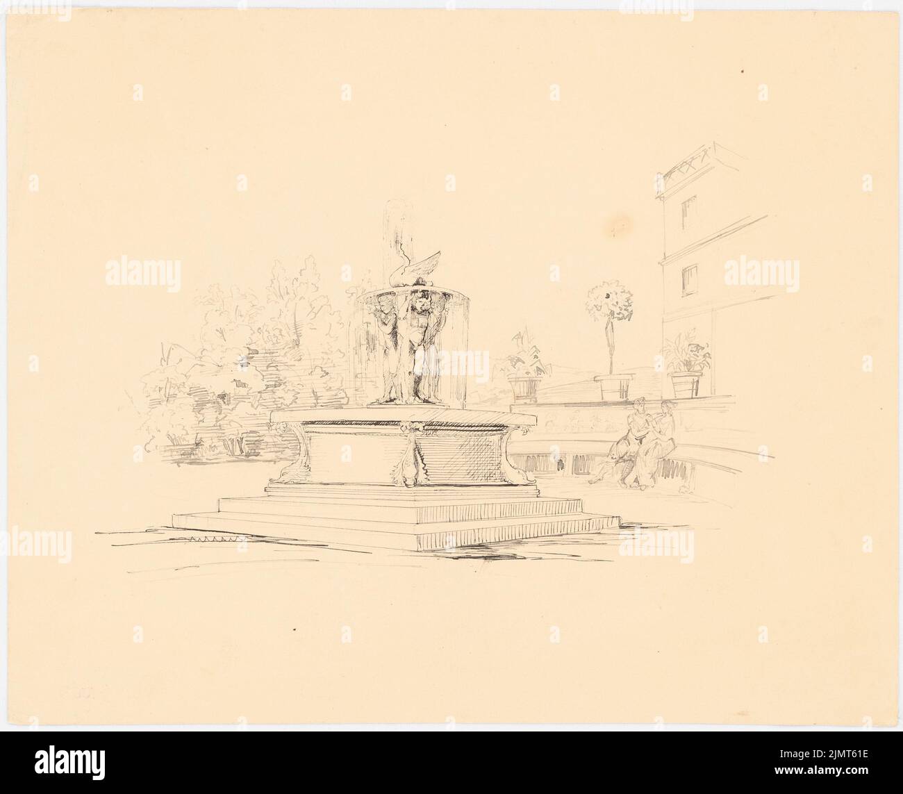 Diebitsch Carl von (1819-1869), fontaine (sans dat.) : vue sur la fontaine à 1 coquillages avec cygne porté par putten. Encre sur papier, 29,9 x 36,9 cm (y compris les bords de numérisation) Diebitsch Carl von (1819-1869): Brunnen Banque D'Images