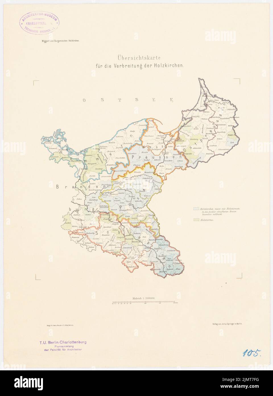 Wiggert Ernst, carte d'ensemble pour la propagation de la Holzkirchen en Allemagne de l'est (depuis : la Holzkirchen et les tours en bois des provinces de l'est prussien) (sans date): Carte 1: 3 000 000. Imprimé sur papier, 41,6 x 30,8 cm (avec . Scan edges) Wiggert Ernst : Übersichtskarte für die Verbreitung der Holzkirchen in Ostdeutschland. (AUS: Die Holzkirchen und Holztürme der preußischen Ostprovincizen) Banque D'Images