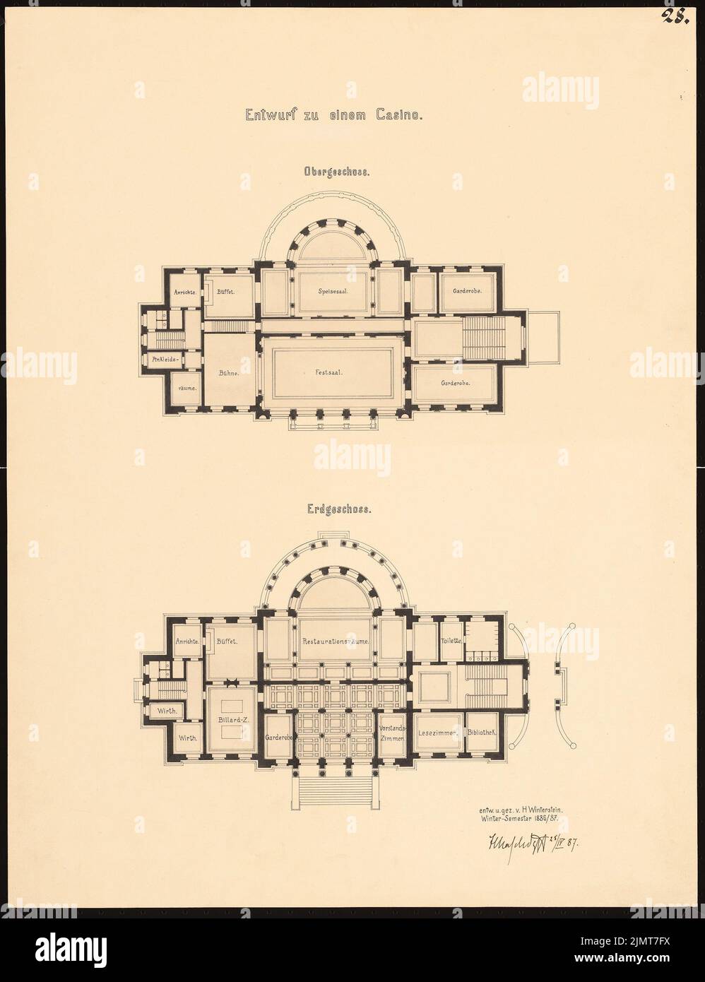 Winterstein Hans (1864-1934), Casino (04/25/1887): Grundrisse EG et OG. Encre sur carton, 61,1 x 46,9 cm (y compris les bords du scan) Winterstein Hans (1864-1934): Casino Banque D'Images