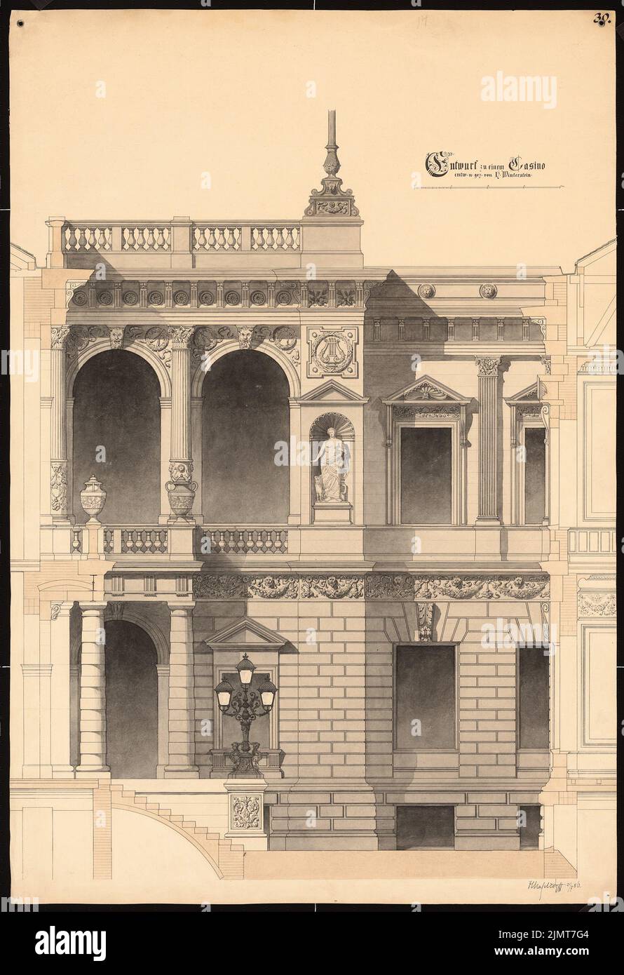Winterstein Hans (1864-1934), Casino (07/21/1886): Section façade. Encre sur carton, 99,8 x 68,4 cm (y compris les bords du scan) Winterstein Hans (1864-1934): Casino Banque D'Images