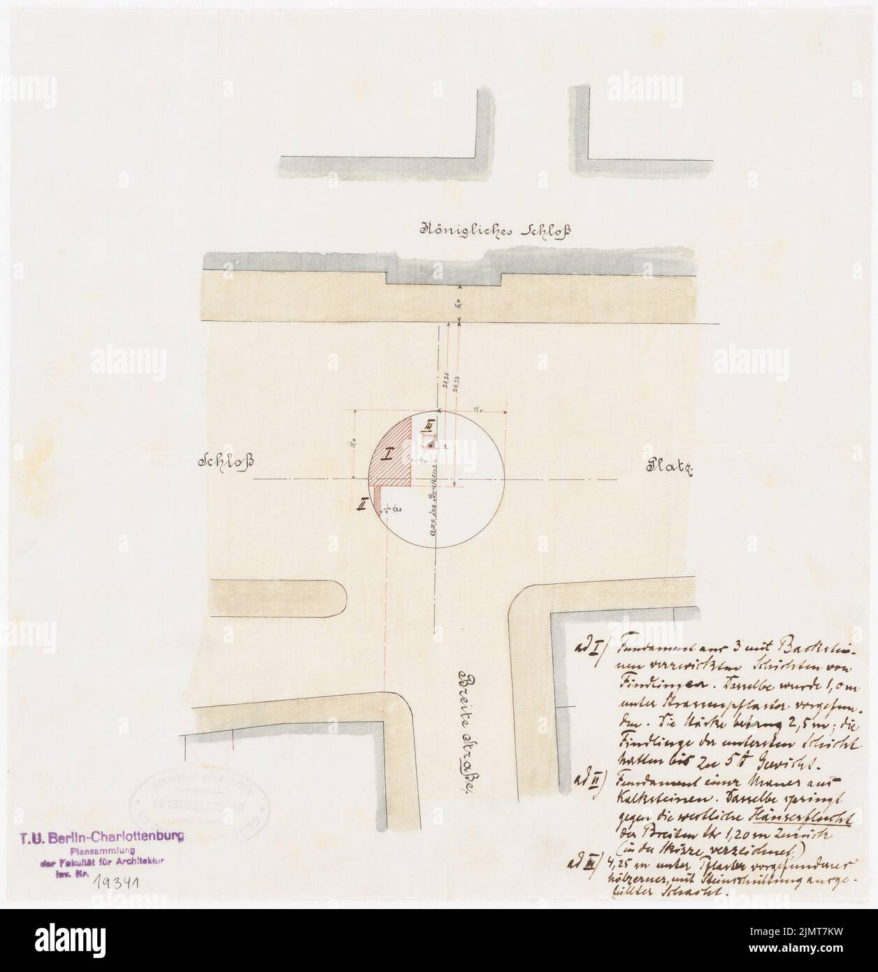 Architecte inconnu, Schlossplatz à Berlin-Mitte. Constatations de l'excavation (sans date) : plan de plancher du carré avec le dessin des constatations de l'excavation. Encre, couleur de l'encre, aquarelle sur transparent, 29 x 28 cm (y compris les bords de numérisation) N. : Schlossplatz, Berlin-Mitte. Ausgrabungsbefund Banque D'Images