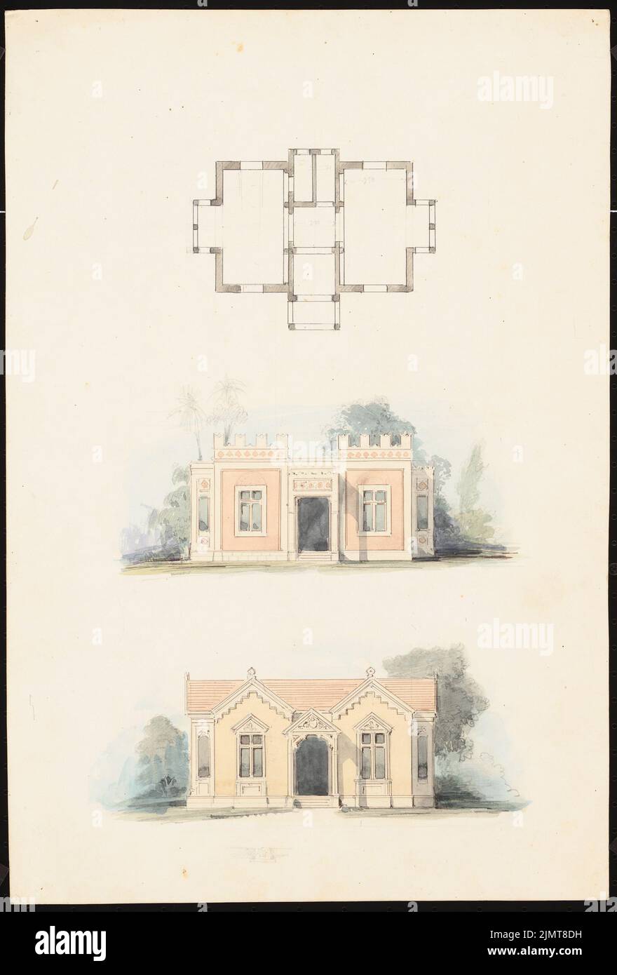 Diebitsch Carl von (1819-1869), pavillon, le Caire. (?) (Sans dat.): 2 vues et plan d'étage d'un pavillon. Encre, crayon aquarelle sur la boîte, 48,8 x 33 cm (y compris les bords de numérisation) Diebitsch Carl von (1819-1869): Pavillon, Kairo (?) Banque D'Images