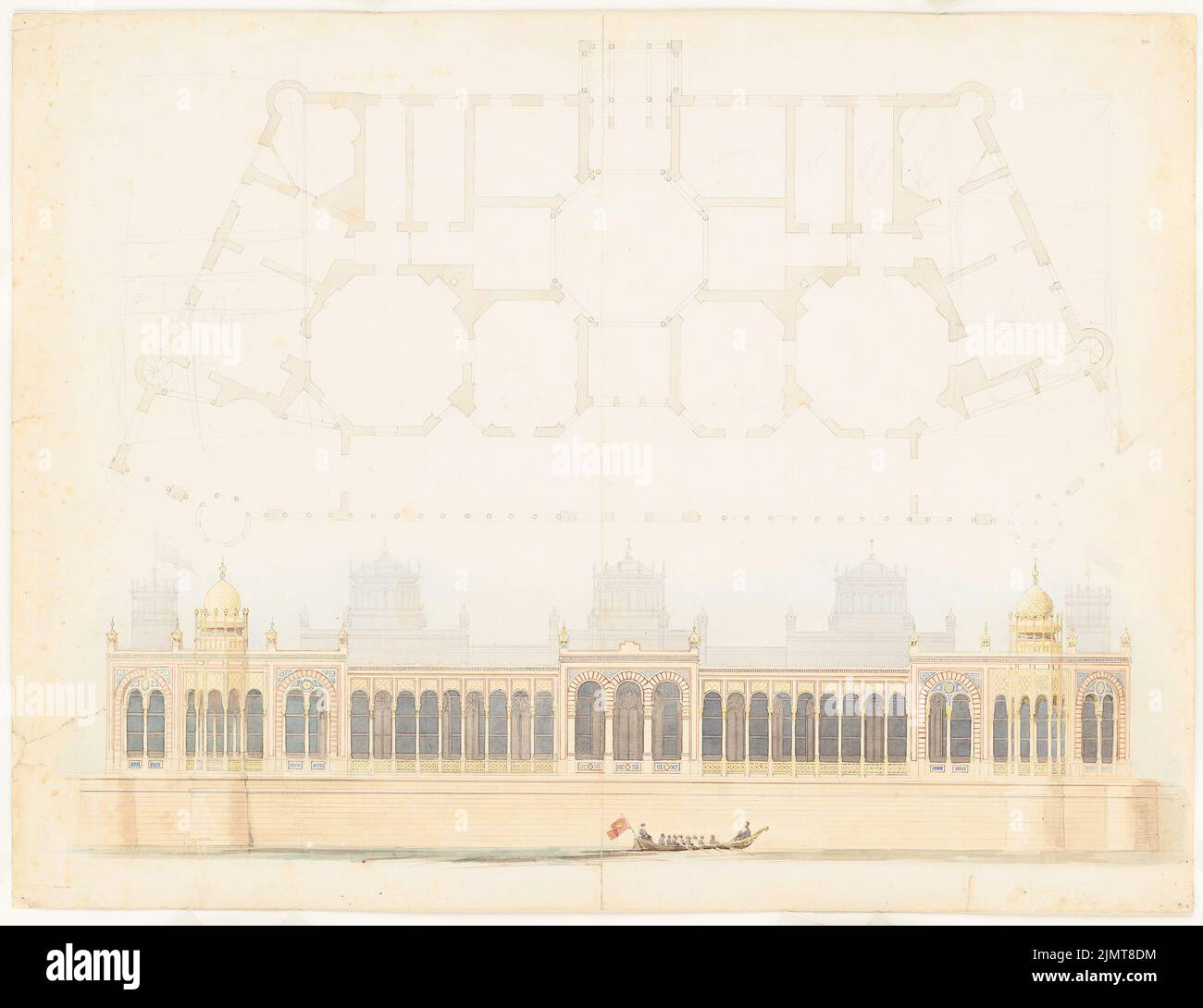 Diebitsch Carl von (1819-1869), café et Badhaus, le Caire. (?) (Sans DAT.) : vue et plan d'étage. Aquarelle crayon et encre sur la boîte, 54,6 x 71 cm (y compris les bords de balayage) Diebitsch Carl von (1819-1869): Cafe und Badehaus, Kairo (?) Banque D'Images