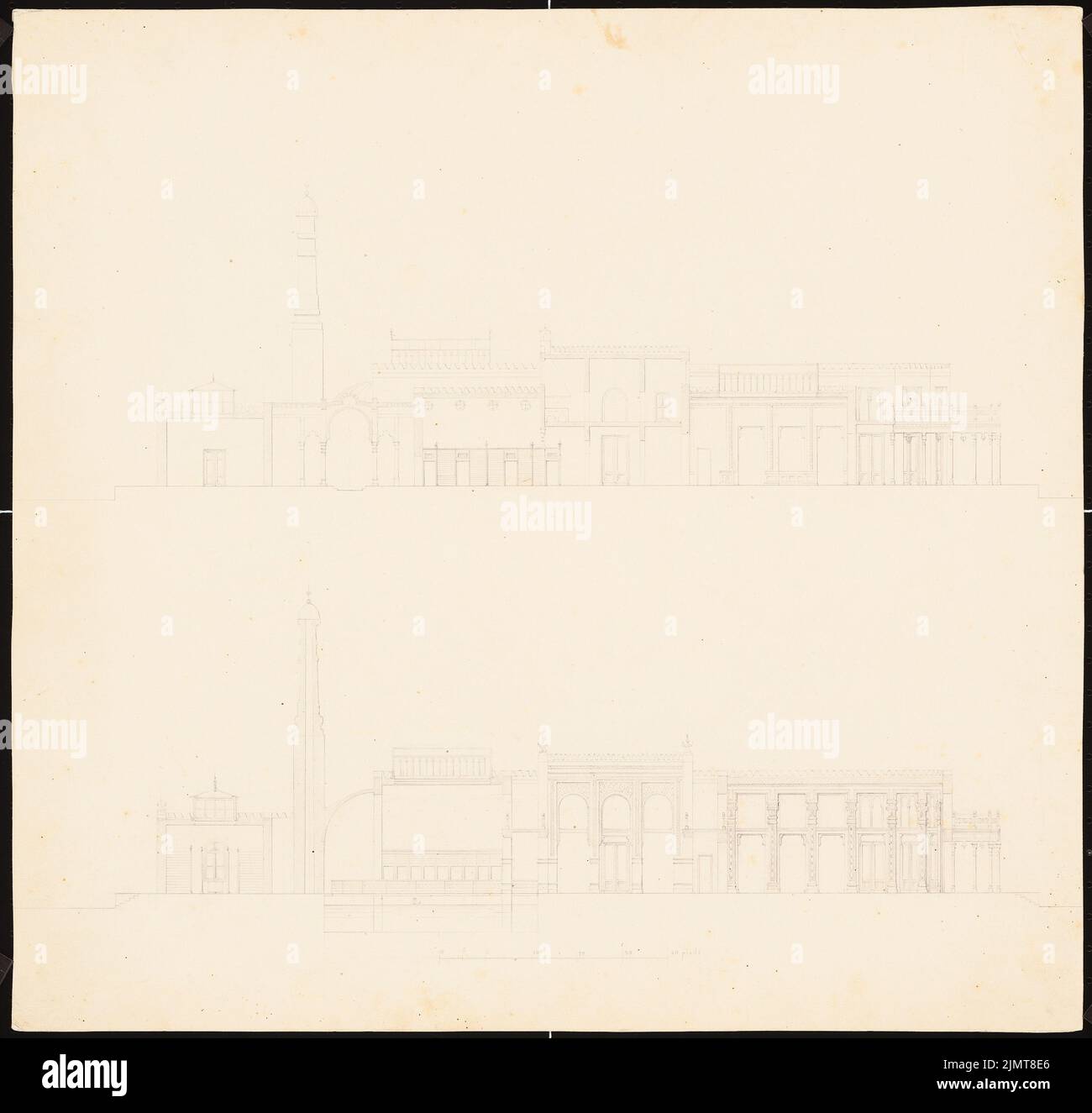 Diebitsch Carl von (1819-1869), café et Badhaus, le Caire (sans dat.): 2 coupes, barre d'échelle (pieds). Crayon sur carton, 45,3 x 47,7 cm (y compris les bords de balayage) Diebitsch Carl von (1819-1869): Cafe und Badehaus, Kairo Banque D'Images