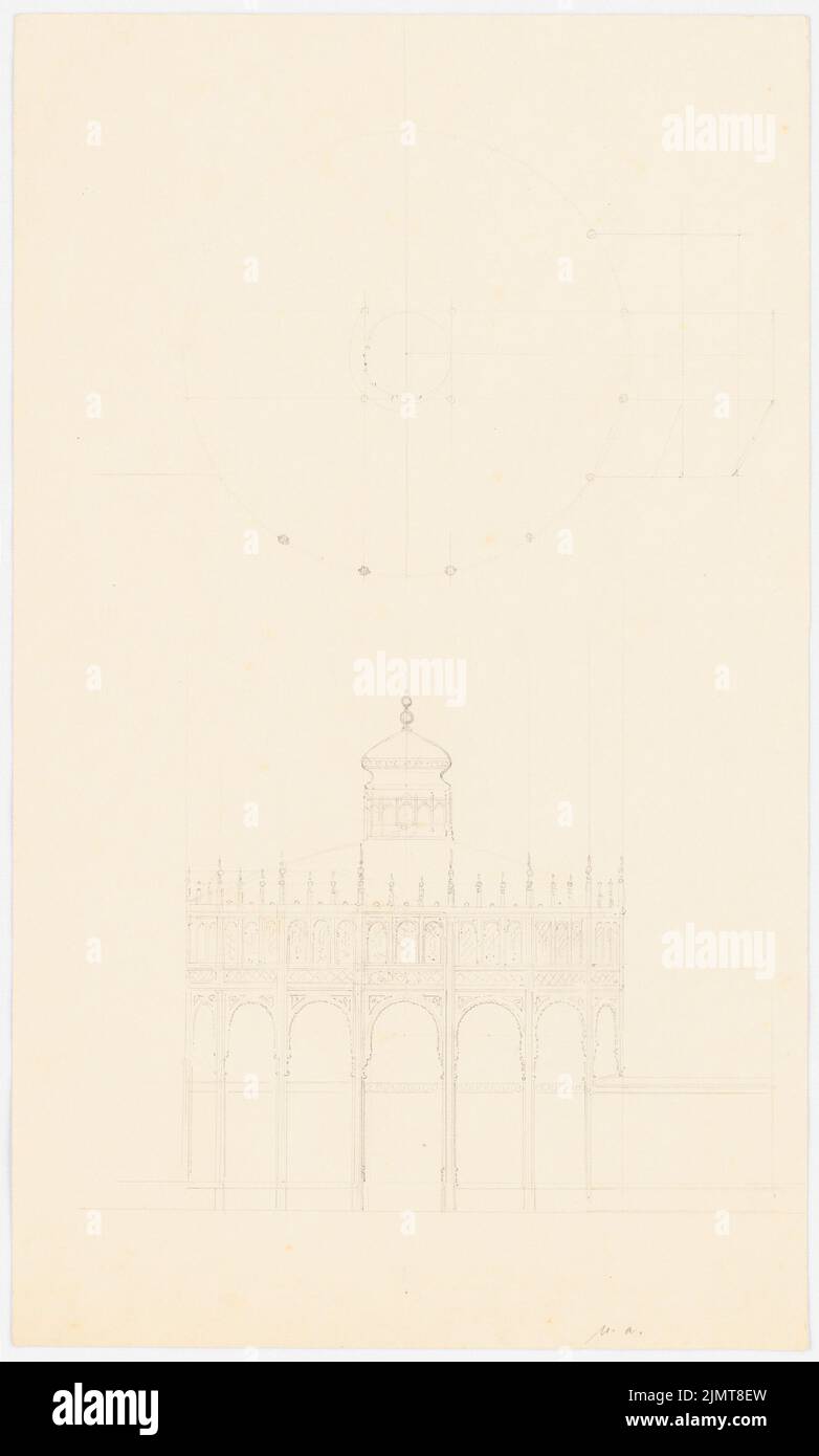 Diebitsch Carl von (1819-1869), pavillon, le Caire. (?) (Sans DAT.) : vue et plan d'étage d'un pavillon, plan d'emplacement approximatif à l'arrière. Crayon sur carton, 47,6 x 28,7 cm (y compris les bords de balayage) Diebitsch Carl von (1819-1869): Pavillon, Kairo (?) Banque D'Images