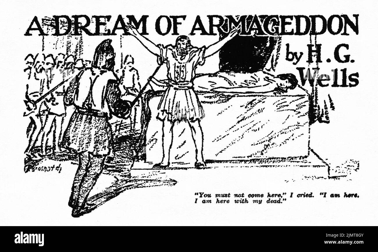 Un rêve d'Armageddon (1901) de H. G. Wells. Illustration par Andrew Brosnatch de Weird Tales, mars 1926 Banque D'Images