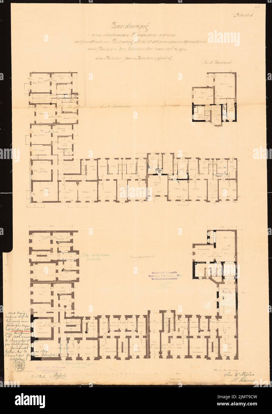 Messel Alfred (1853-1909), maisons de travailleurs à Berlin-Friedrichshain (31 mai 1897): Client de dossier de construction: Plan d'étage, coupes, vues, suppléments, 1: 100. Encre, couleur encre, sur une rupture de papier, 91,1 x 64 cm (y compris les bords de numérisation) Messel & Altgelt : Arbeiterwohnhäuser, Berlin-Friedrichshain Banque D'Images