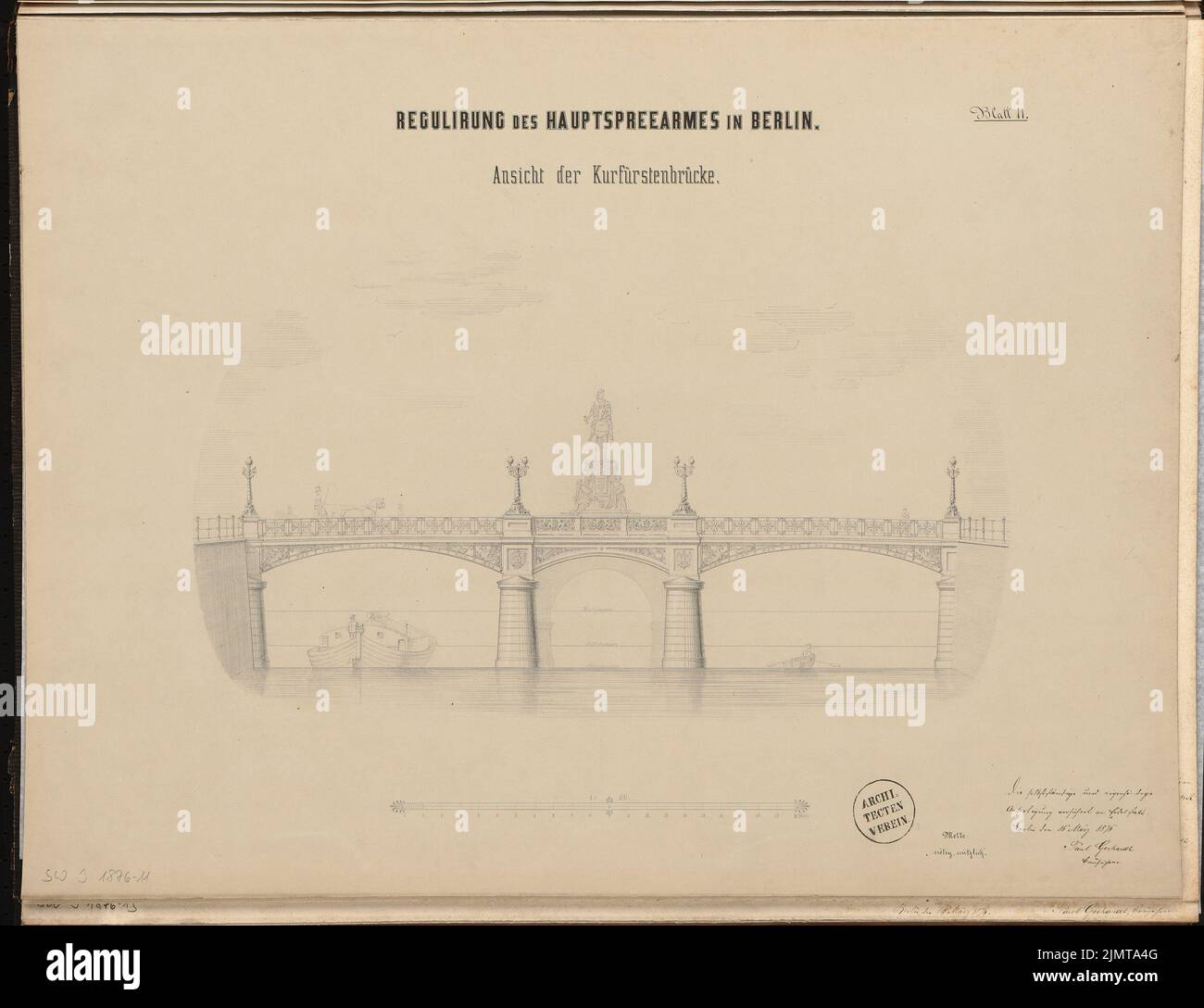 Gerhardt Paul (1847-1914), régulation fluviale de la Spree à Berlin-Mitte. Concours Schinkel 1876 (1876): Kurfürstendamm: RISS, vue latérale 1: 100; échelle. Crayon sur carton, 47,8 x 62,3 cm (y compris les bords de balayage) Gerhardt Paul (1847-1923): Flussregierung der Spree, Berlin-Mitte. Schinkelwettbewerb 1876 Banque D'Images