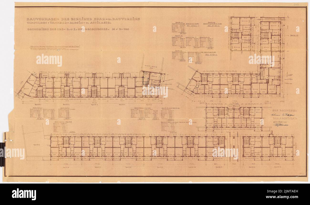 Hoffmann Franz (1884-1951), localité Attilahöhe, Berlin-Tempelhof: Grundriss 1st et 2nd EG. Cassure légère sur le papier, 87,4 x 147,3 cm (bord de numérisation inclus). Musée de l'architecture de l'Université technique de Berlin Inv. BBWO 06,164. Hoffmann Franz (1884-1951): Siedlung Attilahöhe, Berlin-Tempelhof Banque D'Images