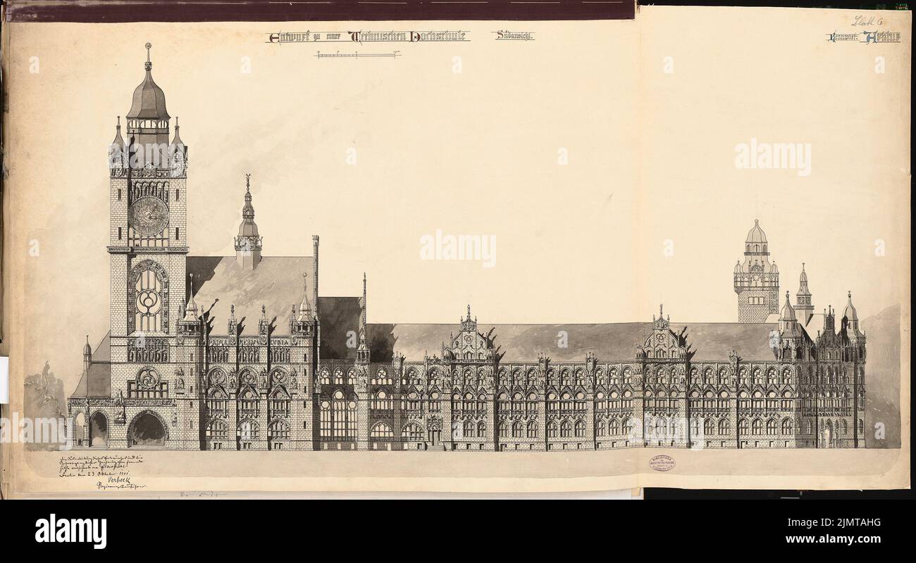 Verbeek Hans (né en 1873), projet pour une université technique. Concours Schinkel 1900 (1900): Vue de la barre d'échelle. Tuche aquarelle sur la boîte, 65 x 119 cm (y compris les bords de numérisation) Verbeek Hans (geb. 1873): Technische Hochschule. Schinkelwettbewerb 1900 Banque D'Images