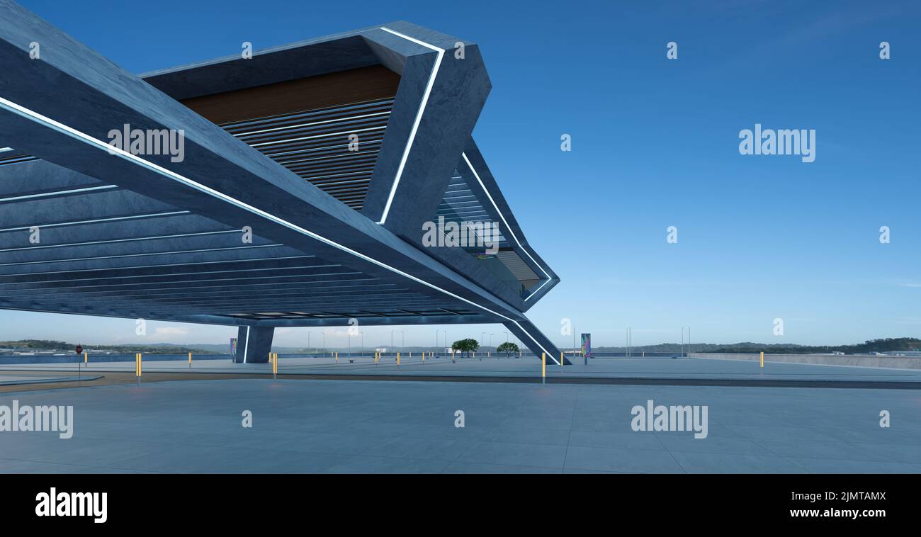 3d vue en perspective d'un sol en béton vide et d'un bâtiment moderne sur le toit Banque D'Images