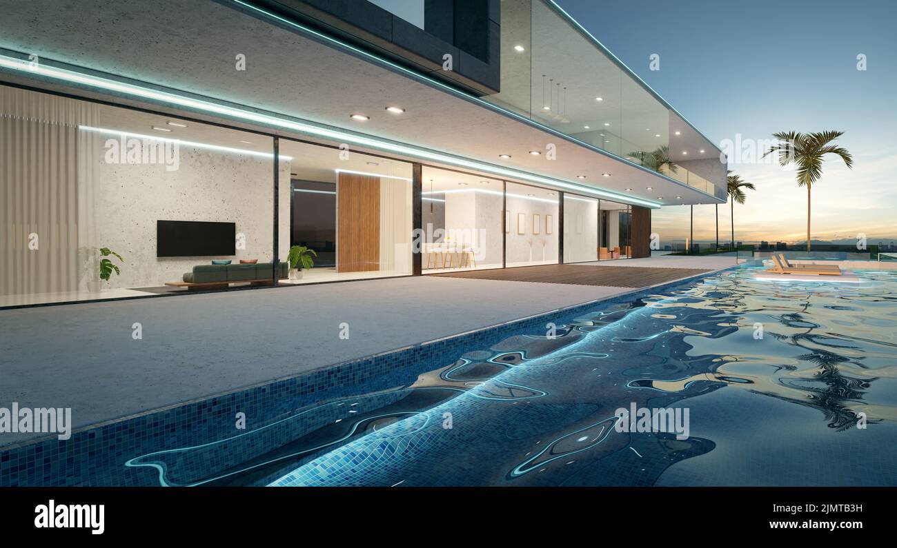 Villa de luxe design extérieur avec belle piscine. Scène nocturne. 3d rendu Banque D'Images