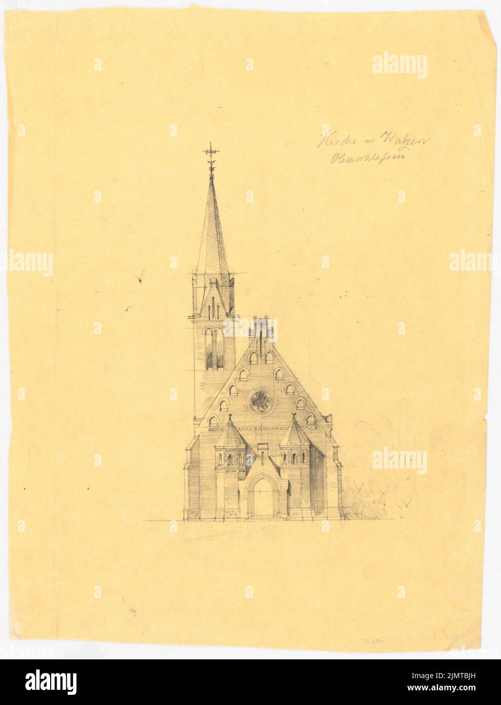 Baltzer Johannes (1862-1940), Eglise de Walzen (sans dat.) : vue de face du RISS avec tour. Crayon sur transparent, 41,5 x 31,6 cm (y compris les bords de balayage) Baltzer Johannes (1862-1940): Kirche, Walzen Banque D'Images