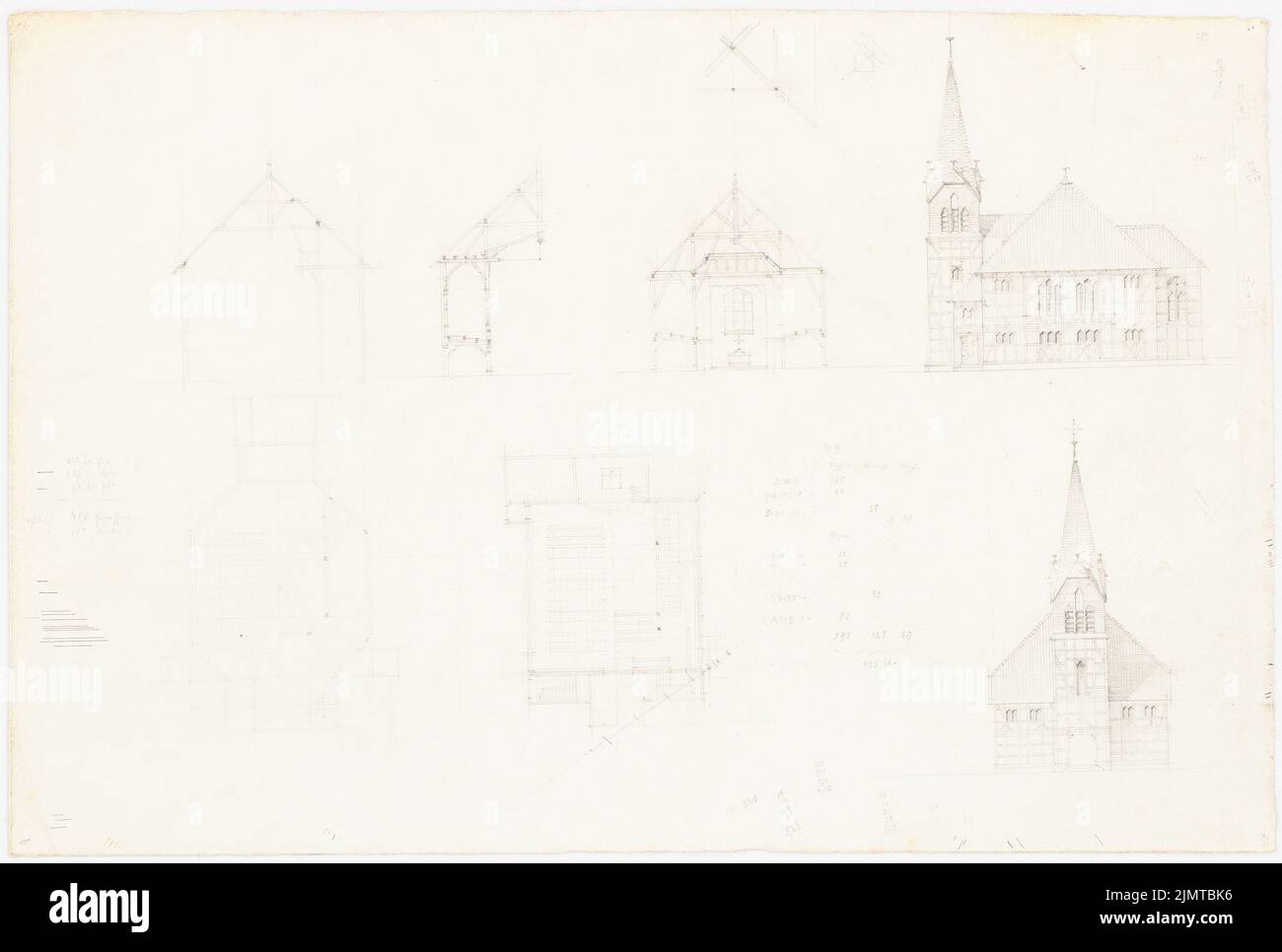 Baltzer Johannes (1862-1940), église à colombages (sans date) : plan d'étage rez-de-chaussée, étage supérieur, vue latérale, coupe transversale et transversale partielle, détails : vue sur la porte, détails de la cosmotion, sièges et autres. Crayon sur papier, 35 x 52 cm (y compris les bords de balayage) Baltzer Johannes (1862-1940): Kirche, Fachwerk Banque D'Images