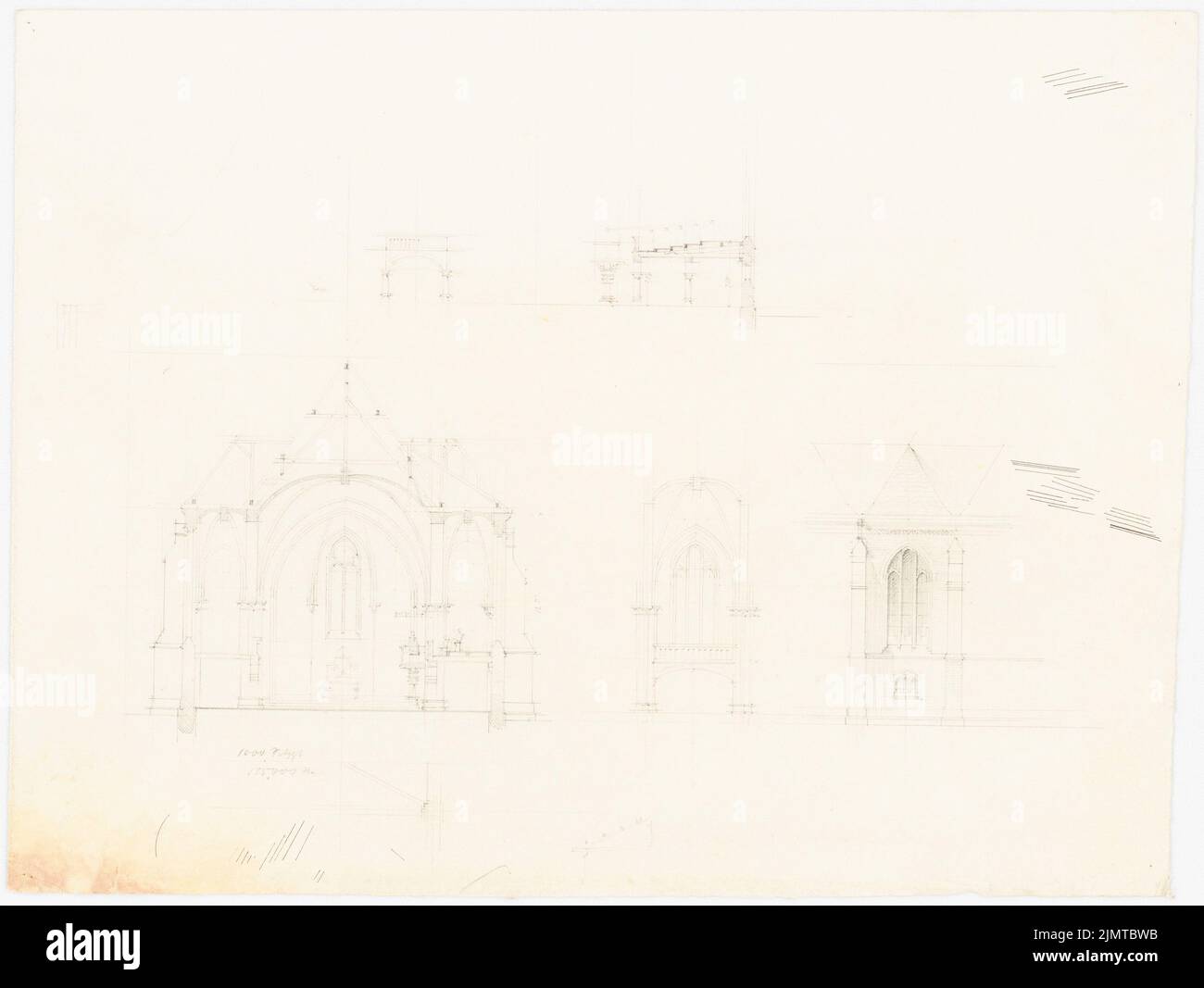 Baltzer Johannes (1862-1940), église avec 1012 places (env 1890): Vue latérale supérieure, vue intérieure avec galerie, vue partielle de la galerie, coupe transversale (par allée principale et latérale), coupée par la galerie, de. Crayon sur carton, 26,1 x 34,7 cm (y compris les bords de balayage) Baltzer Johannes (1862-1940): Kirche mit 1012 Plätzen Banque D'Images