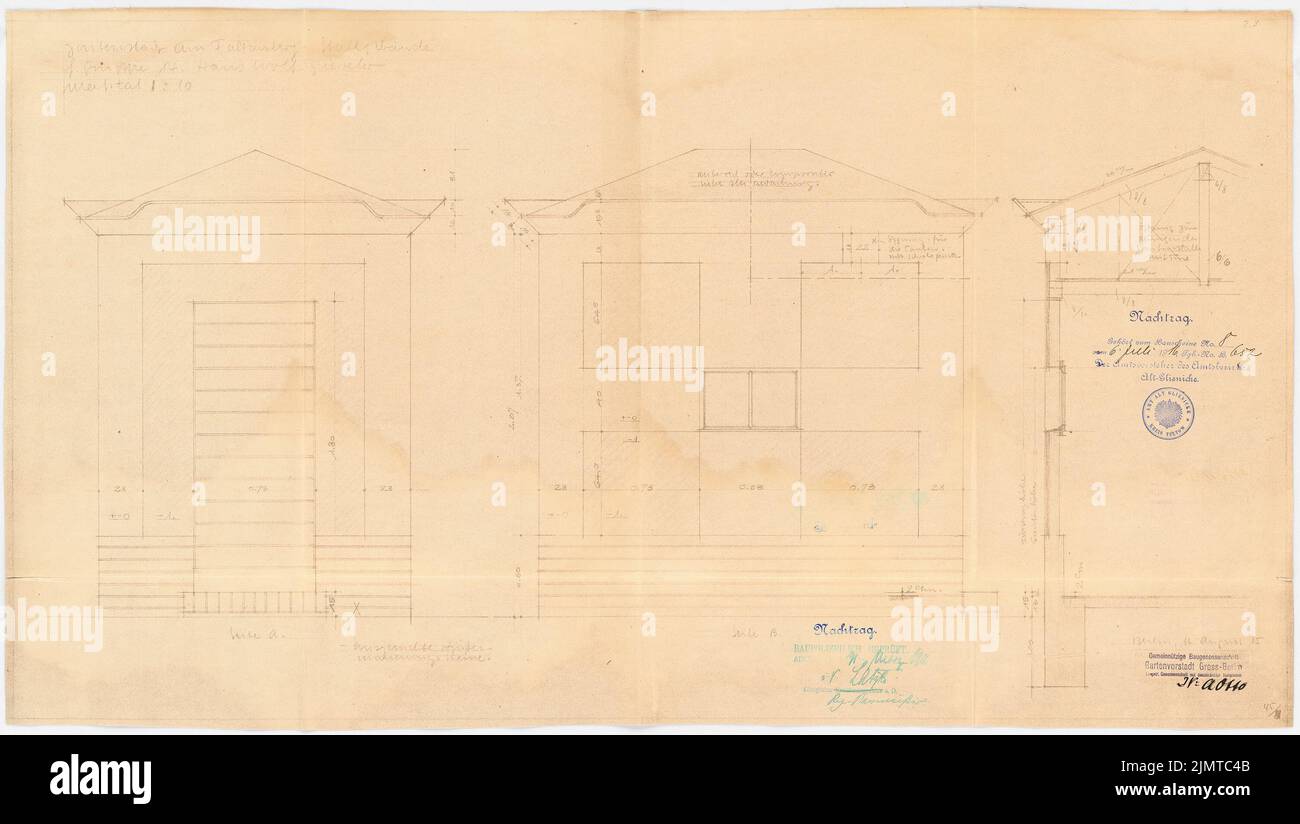 Taut Bruno (1880-1938), Gartenstadt Falkenberg à Berlin-Altglienicke (1915): Bâtiment stable: Vue, coupe. Rupture légère sur carton, 45,2 x 80 cm (y compris les bords de balayage) taut Bruno (1880-1938): Gartenstadt Falkenberg, Berlin-Altglienicke Banque D'Images