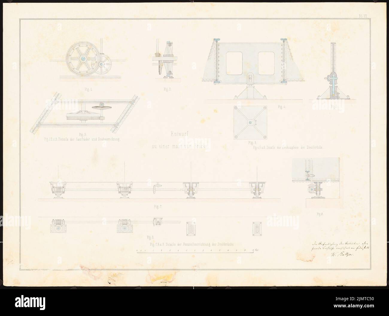 Baltzer W., pont massif avec passage d'un navire (sans date): 9 Détails sur le dispositif rotatif. Encre et crayon aquarelle sur papier, 45,1 x 60,6 cm (y compris les bords de numérisation) Baltzer W. : massive Brücke mit Schiffsdurchlass Banque D'Images