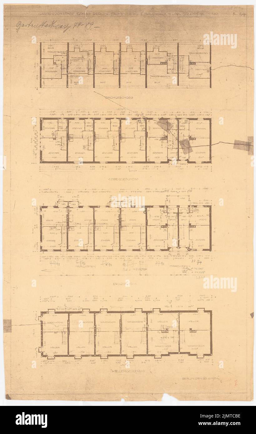 Taut Bruno (1880-1938), Gartenstadt Falkenberg à Berlin-Altglienicke (1914): Groupe 12: Grundriss KG, EG, OG, DG. Rupture légère sur carton, 74,4 x 46,9 cm (y compris les bords de balayage) taut Bruno (1880-1938): Gartenstadt Falkenberg, Berlin-Altglienicke Banque D'Images