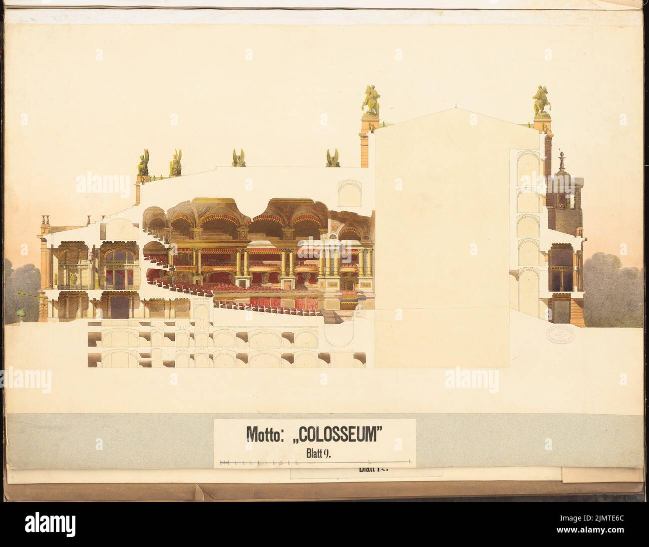 Krüger Theodor (1818-1885), Opéra sur Lützowplatz à Berlin (1883) : section longitudinale à travers l'auditorium. Tuche aquarelle, blanc et or sur carton, 66 x 85,3 cm (y compris les bords de balayage) Krüger Theodor (1818-1885): Opernhaus am Lützowplatz, Berlin. Schinkelwettbewerb 1883 Banque D'Images