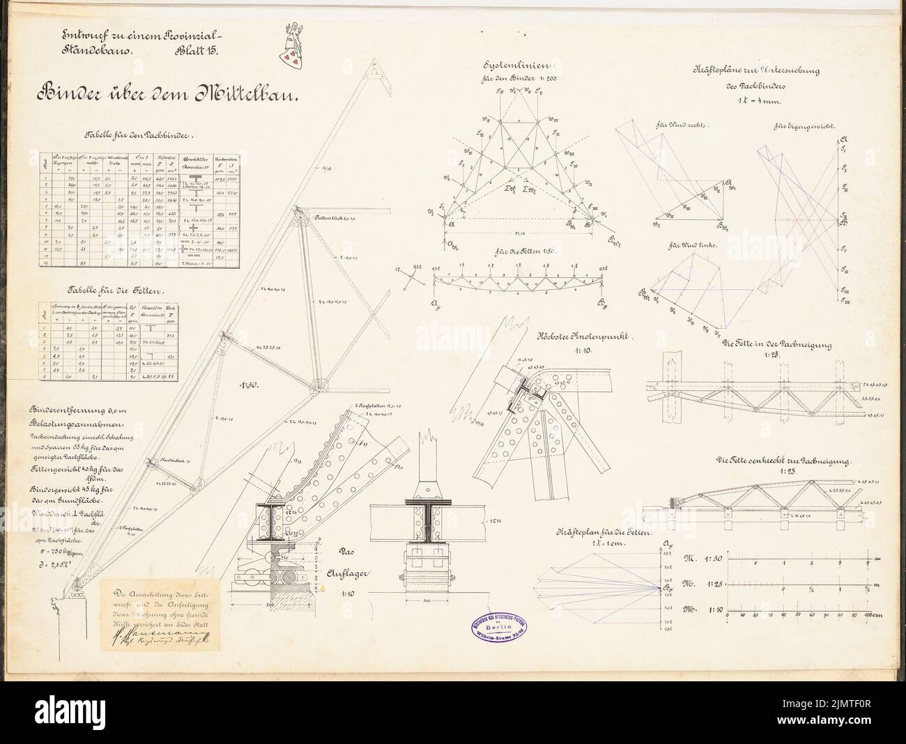 Hausmann Hans, sujet provincial. Concours Schinkel 1897 (1897) : classeur au-dessus du bâtiment intermédiaire. Détails 1:50, 1:25, 1:10, forces. Encre, encre colorée sur carton, 48,7 x 64,7 cm (y compris les bords) Hausmann Hans : Provincial-Ständehaus. Schinkelwettbewerb 1897 Banque D'Images