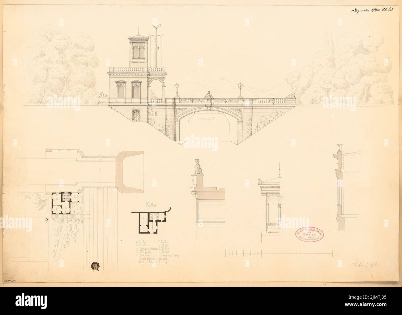 Architecte inconnu, pont roulant au-dessus d'une ligne de chemin de fer profonde avec des maisons de garde. Compétition mensuelle décembre 1870 (12,1870): Plan du site avec plan d'étage; Pont: RISS Sei View, coupe transversale partielle; WORTERHAUS: Plan d'étage cave, rez-de-chaussée, détails: tour de coupe, facadever. Tuche aquarelle sur la boîte, 42,1 x 59 cm (y compris les bords de numérisation) N.N. : Fahrbrücke über eine tiefgelegte Eisenbahnstrecke mit Wärterhäuschen. Monatskonkurrenz Dezember 1870 Banque D'Images