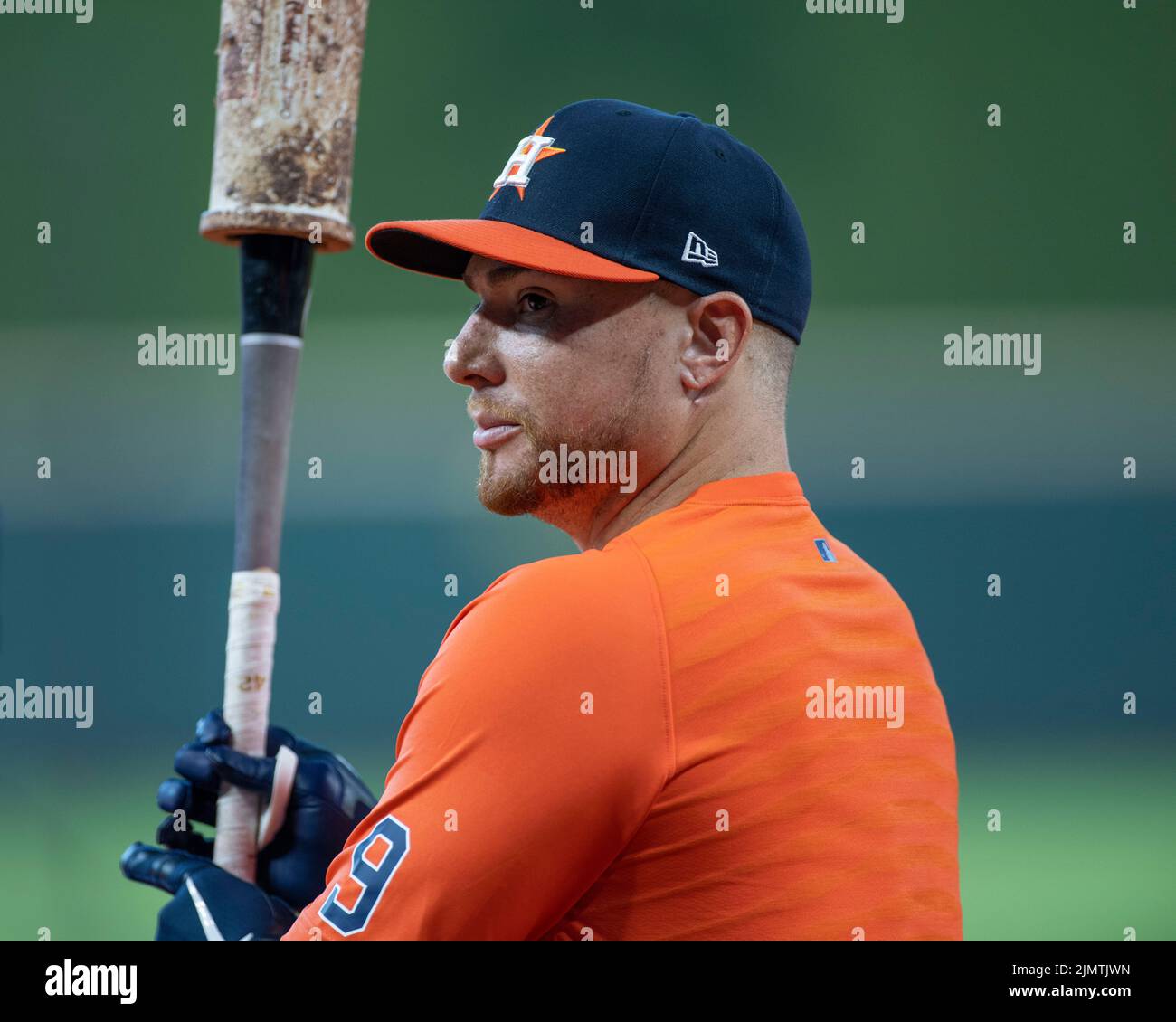 Houston Astros Catcher Christian V‡zquez (9) dans son premier jeu avec les Astros avant le jeu MLB entre le Boston Red Sox et les Houston Astros o Banque D'Images