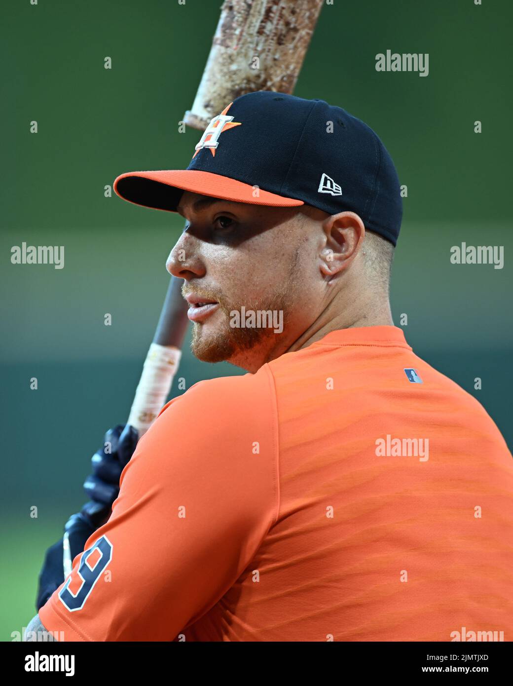 Houston Astros Catcher Christian V‡zquez (9) dans son premier jeu avec les Astros avant le jeu MLB entre le Boston Red Sox et les Houston Astros o Banque D'Images