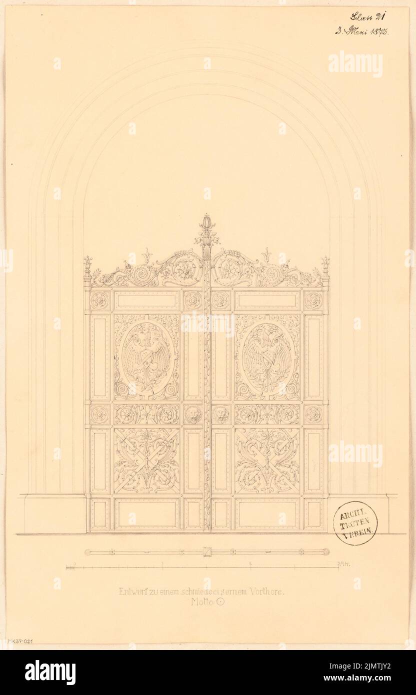 Architecte inconnu, porte en fer forgé. Concours mensuel Mai 1873 (05,1873): Voir; barre d'échelle. Crayon sur carton, 48,4 x 31 cm (y compris les bords de numérisation) N. : Schmiedeeisernes Tor. Monatskonkurrenz Mai 1873 Banque D'Images