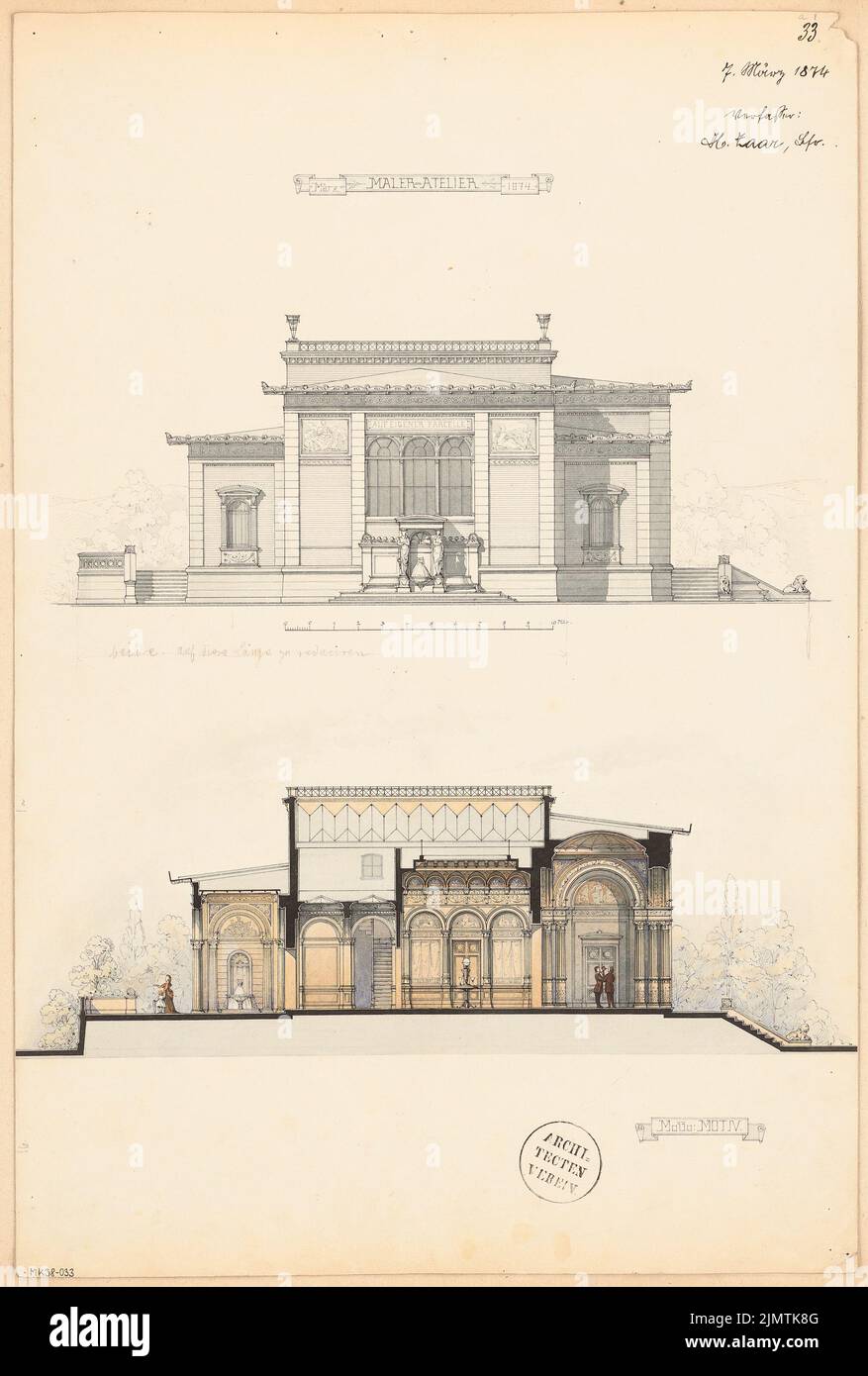 Zaar Heinrich (1847-1904), studio de peintre. Compétition mensuelle Mars 1874 (03,1874): RISS vue latérale, section longitudinale; barre d'échelle. Tusche aquarelle sur la boîte, 52,1 x 35,2 cm (y compris les bords de balayage) Zaar Heinrich (1847-1904): Maleratelier. Monatskonkurrenz März 1874 Banque D'Images