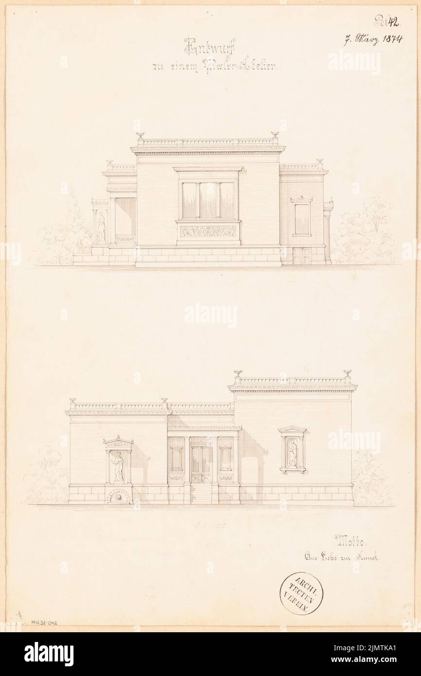 Architecte inconnu, studio de peintre. Compétition mensuelle Mars 1874 (03,1874): RISS vue avant, vue latérale 1: 100. Encre sur carton, 48,8 x 32,5 cm (y compris les bords de numérisation) N.N. : Maleratelier. Monatskonkurrenz März 1874 Banque D'Images