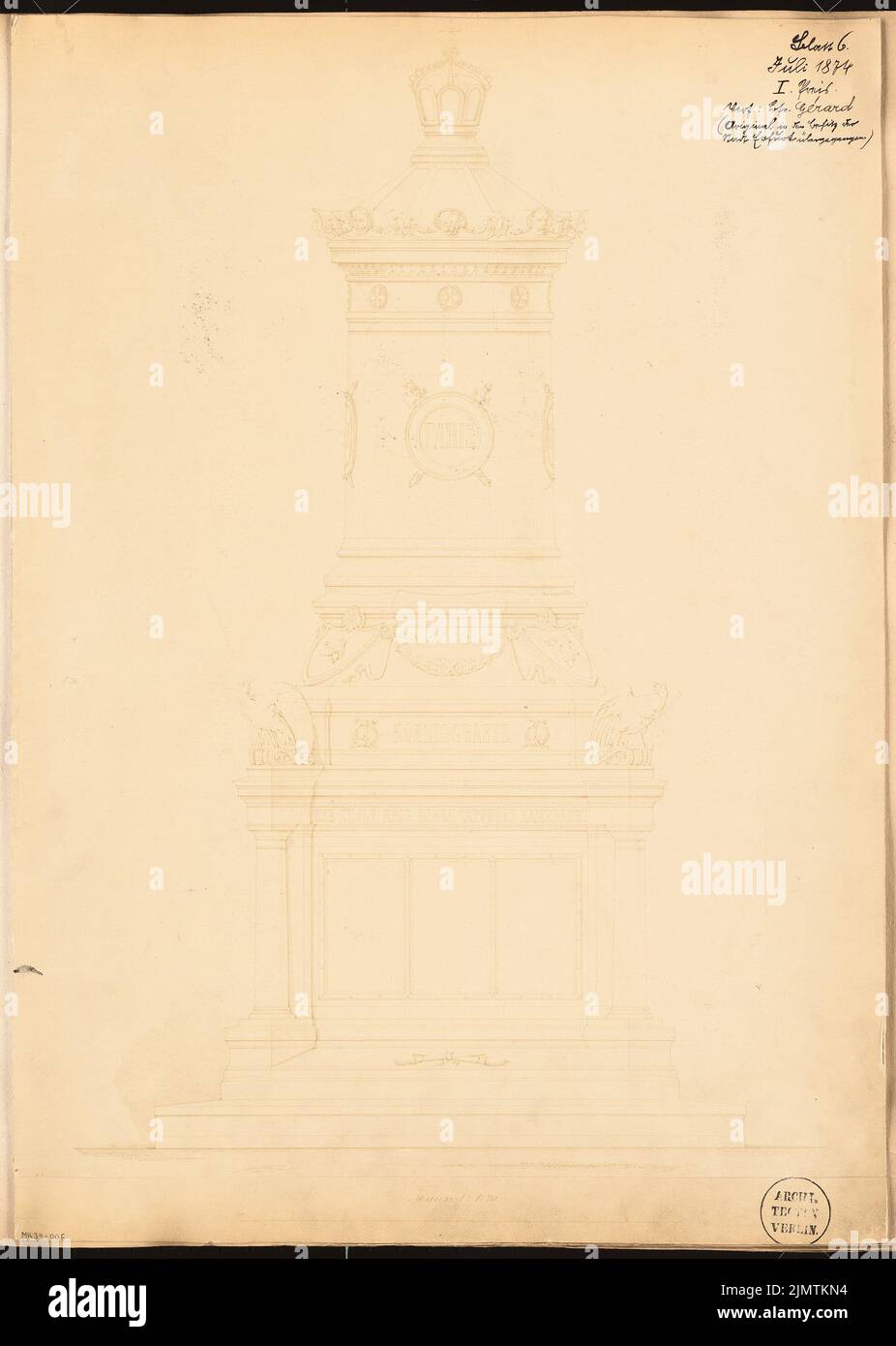 Gérard Carl (1843-1913), est tombé à Erfurt. Concours mensuel juillet 1874 (07,1874): Voir; 1:20, barre d'échelle. Rupture légère sur le carton, 59,6 x 42,5 cm (y compris les bords de balayage) Gérard Carl (1843-1913): Gefallenendenkmal, Erfurt. Monatskonkurrenz Juli 1874 Banque D'Images