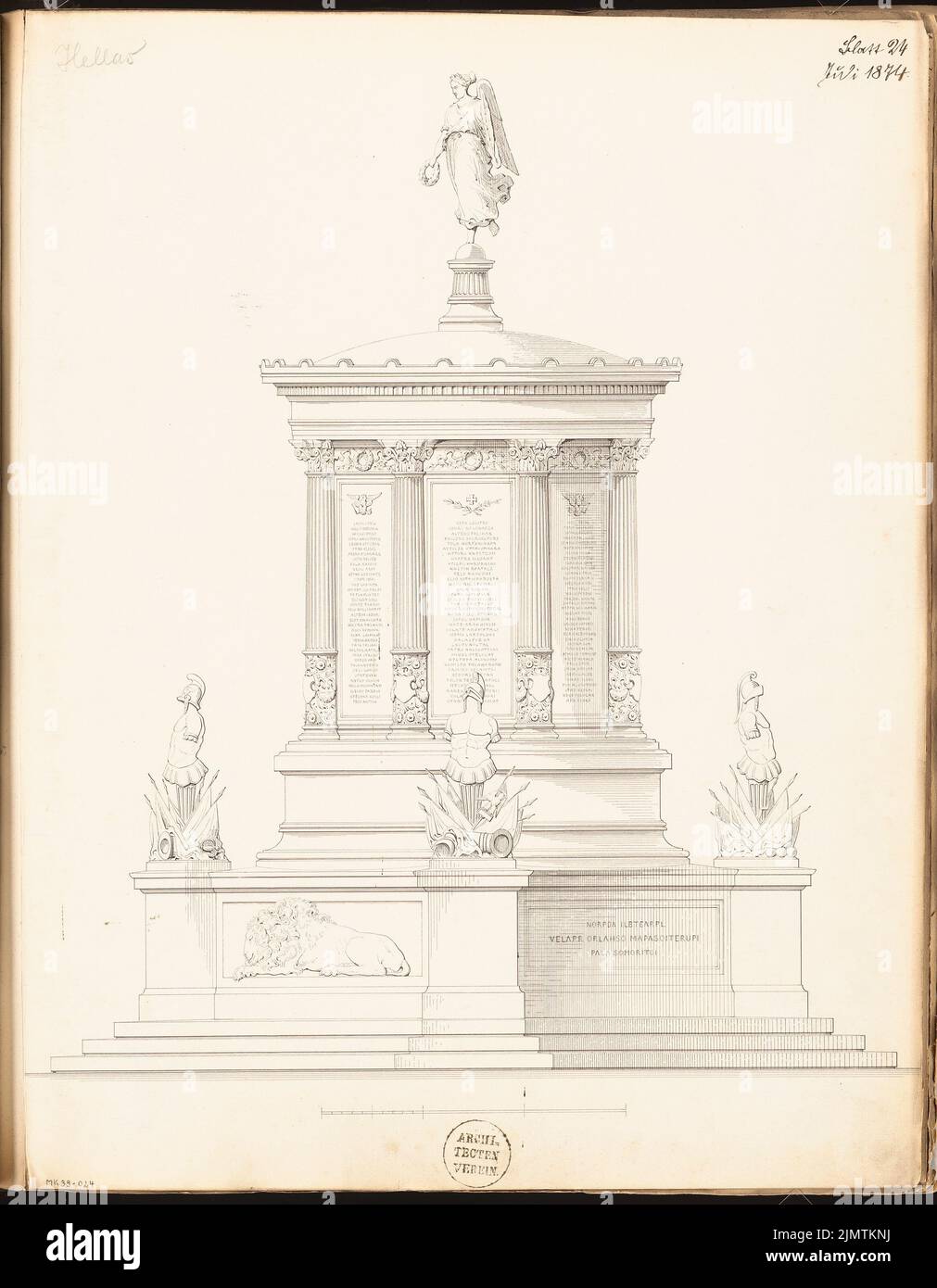 Architecte inconnu, tombé à Erfurt. Compétition mensuelle en juillet 1874 (07,1874) : vue latérale du RISS ; barre d'échelle. Encre sur carton, 59,3 x 46,1 cm (y compris les bords de numérisation) N.N. : Gefallenendenkmal, Erfurt. Monatskonkurrenz Juli 1874 Banque D'Images