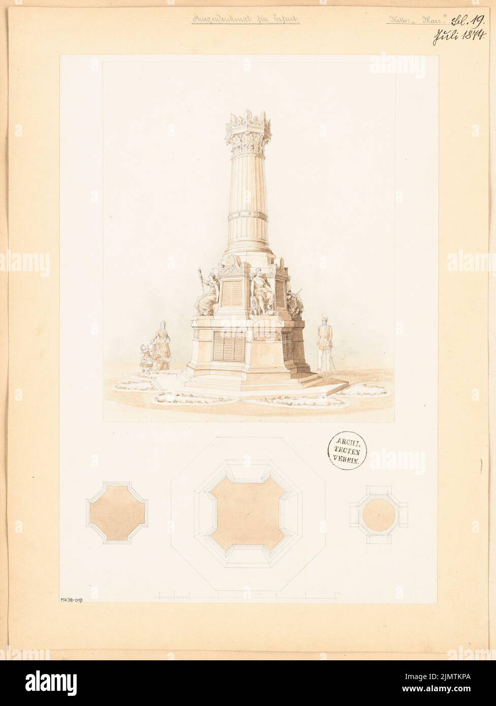 Architecte inconnu, tombé à Erfurt. Compétition mensuelle juillet 1874 (07,1874): Plan d'étage en trois niveaux, vue perspective; barre d'échelle. Crayon aquarelle sur papier, 56,2 x 42,3 cm (y compris les bords de numérisation) N. : Gefallenendenkmal, Erfurt. Monatskonkurrenz Juli 1874 Banque D'Images